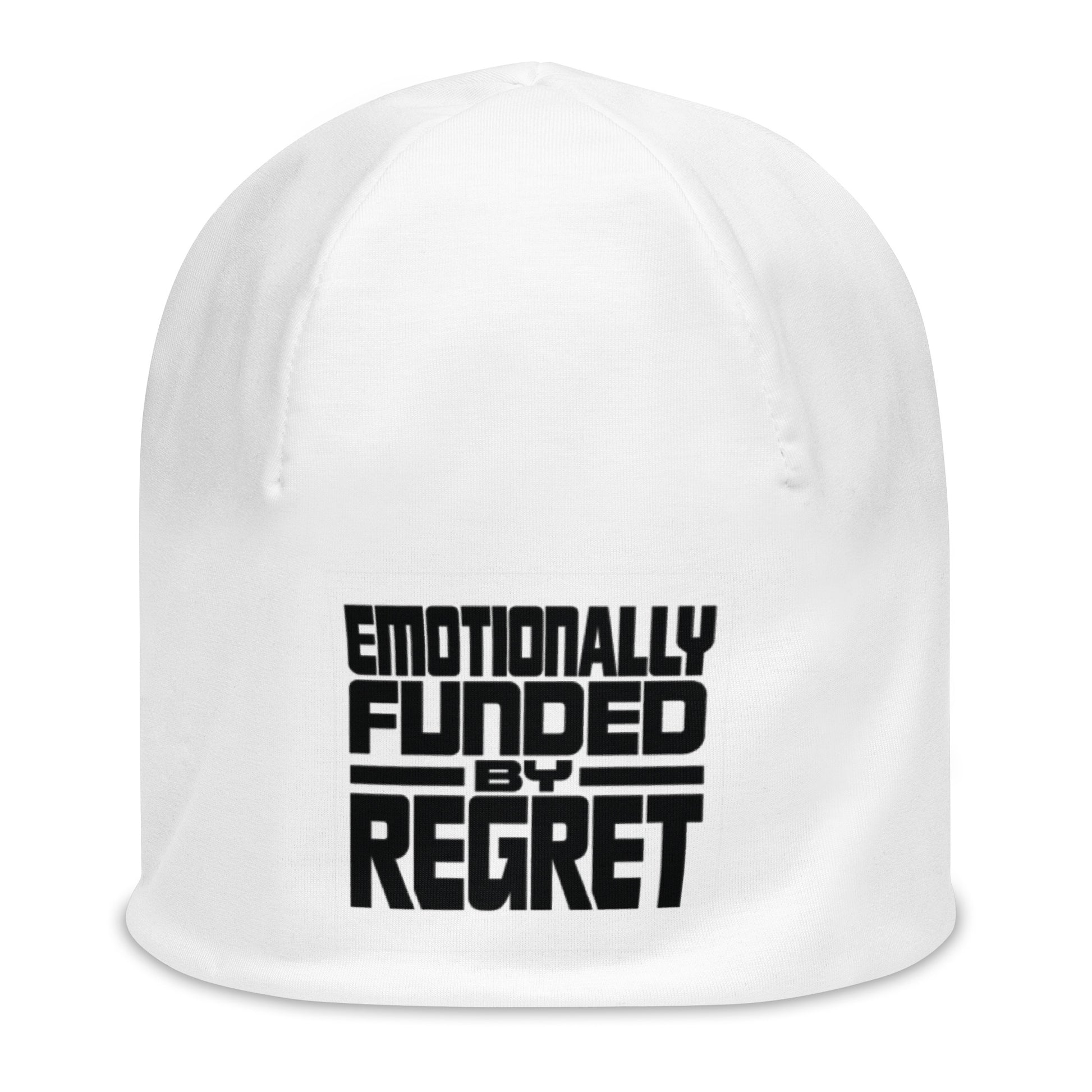 Emotionally Funded by Regret - Sarcastic Beanie in Print Beanie White - Front View | Sarcastic Beanie | PureSarcasm