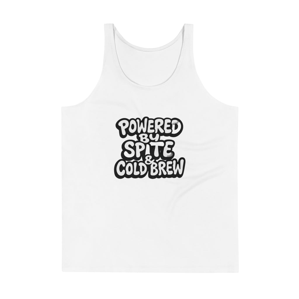 Powered by Spite & Cold Brew sarcastic tank top - print mens, front view