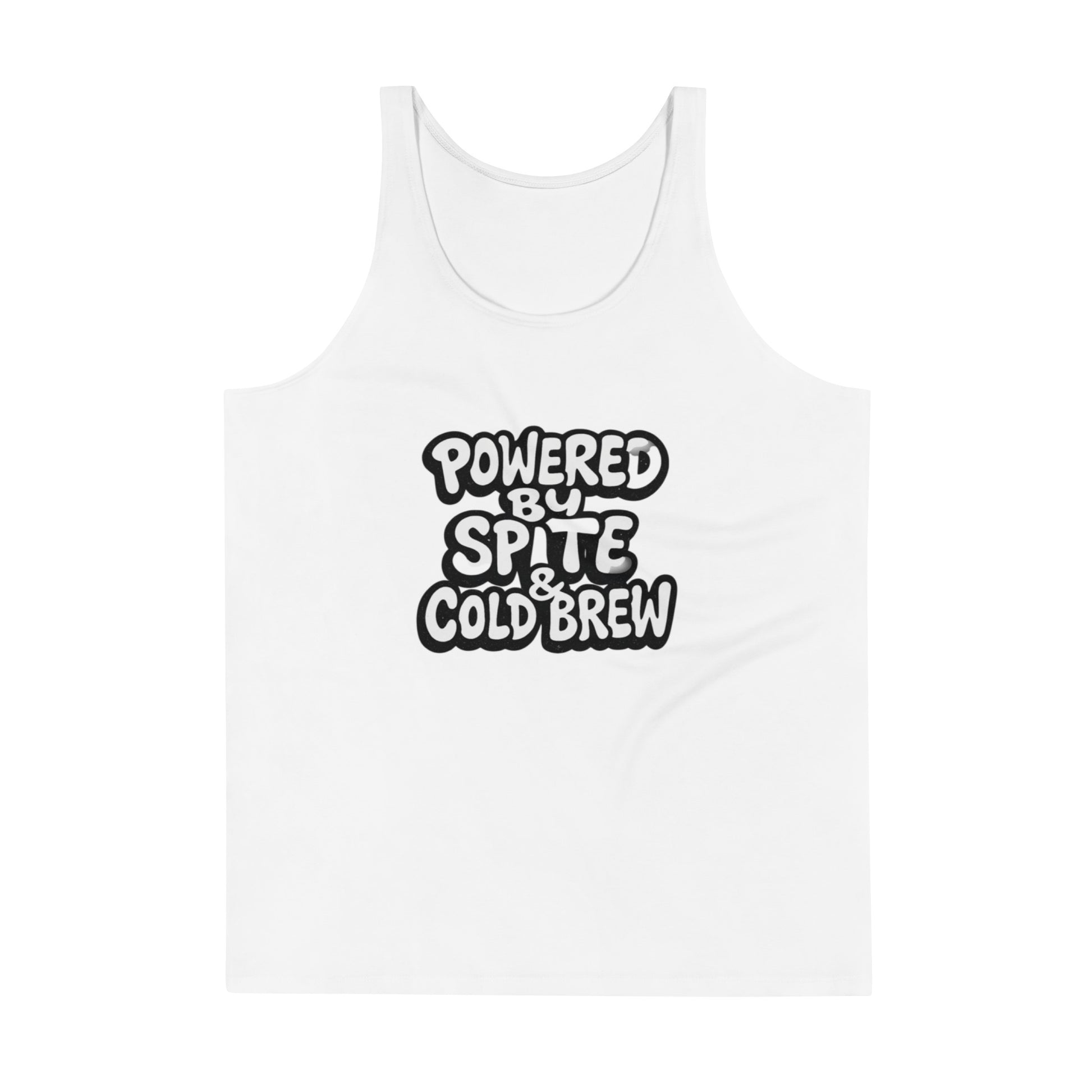 Powered by Spite & Cold Brew sarcastic tank top - print mens, front view