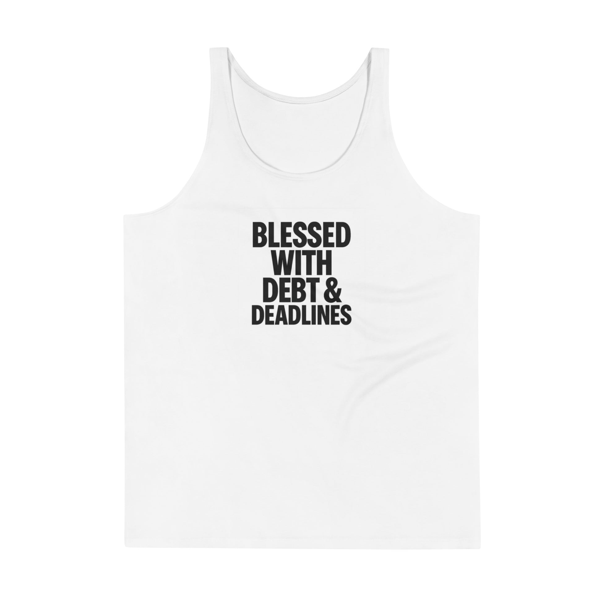 Blessed With Debt & Deadlines sarcastic tank top - print mens, front view