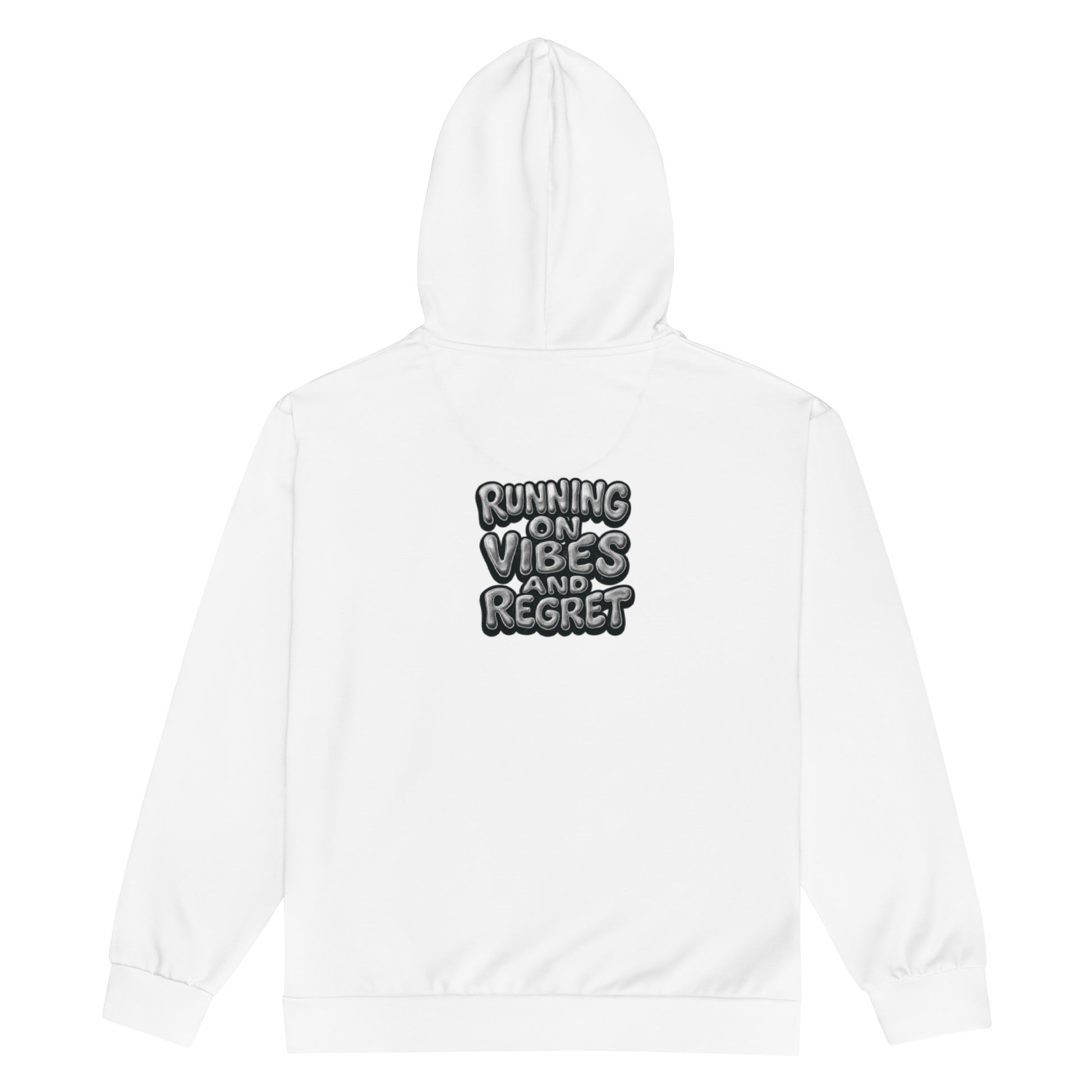 Running On Vibes And Regret - Sarcastic Hoodie | PureSarcasm in Zip Hoodie White - Back View | Sarcastic Hoodie | PureSarcasm