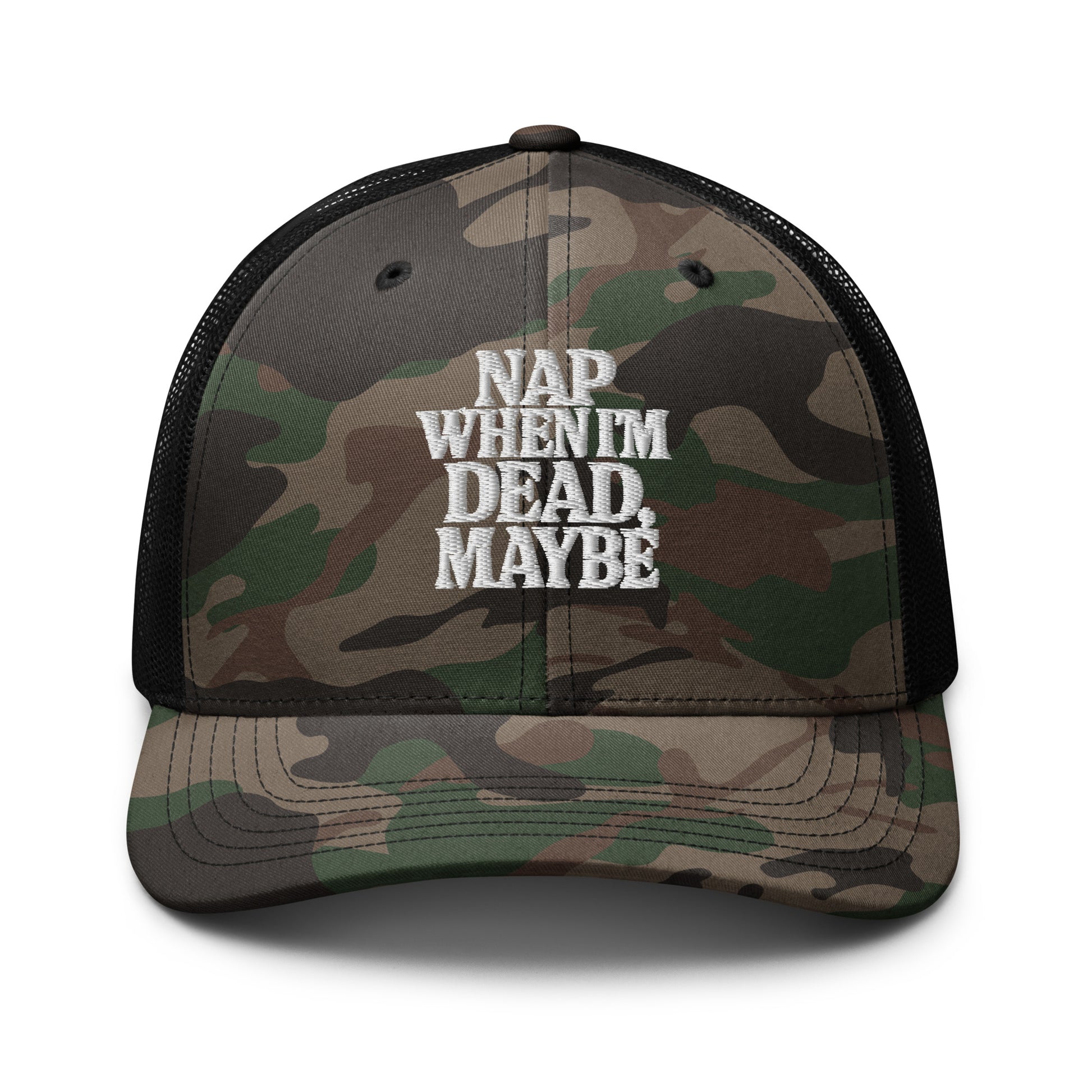 Nap When I’m Dead, Maybe - Sarcastic Hat | PureSarcasm in Hat Camo Black - Front View | Sarcastic Hat | PureSarcasm