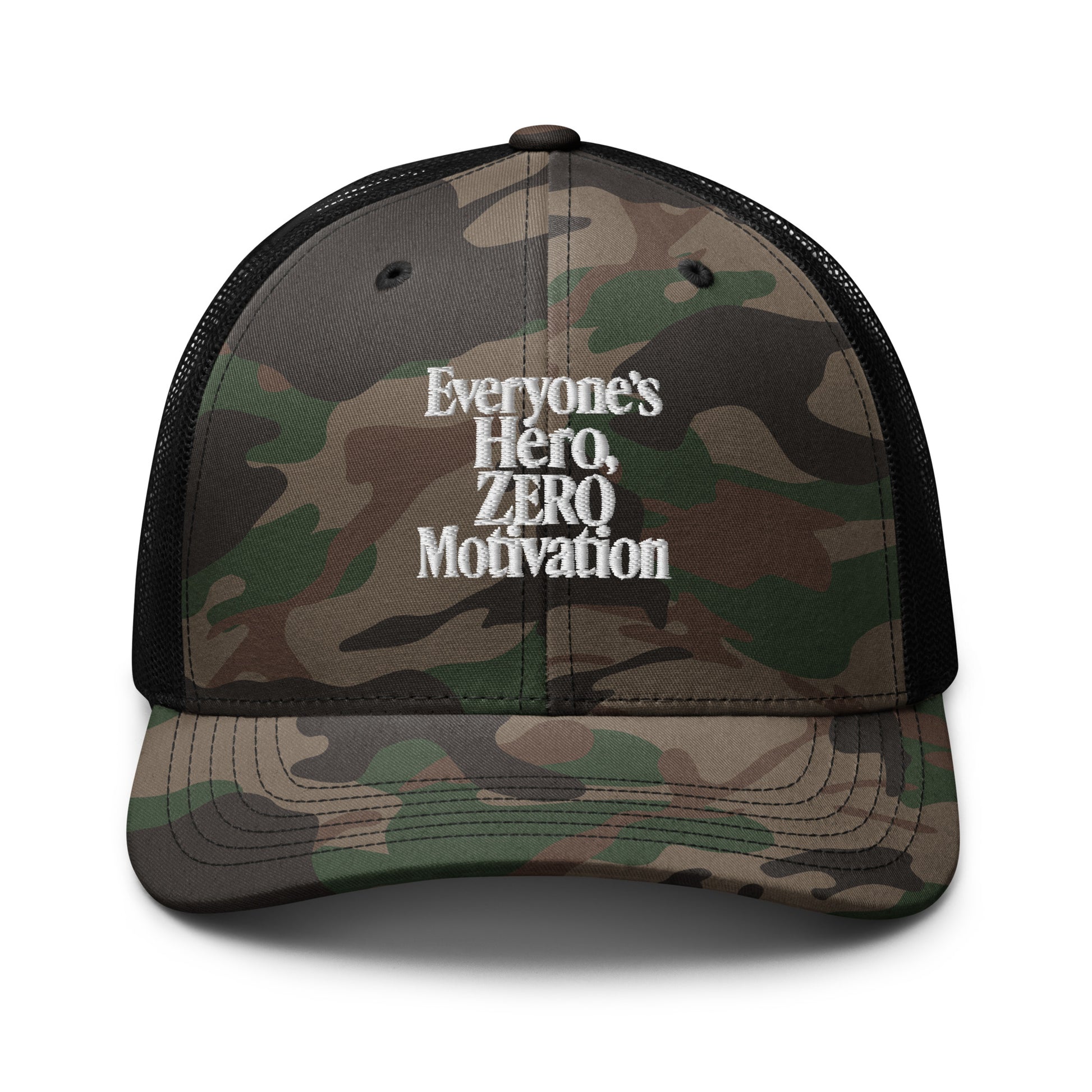 Everyone's Hero, Zero Motivation - Sarcastic Hat in Hat Camo Black - Front View | Sarcastic Hat | PureSarcasm