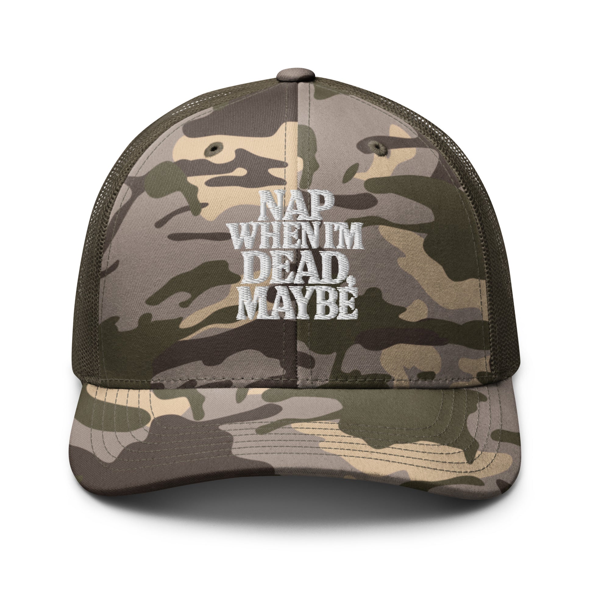 Nap When I’m Dead, Maybe - Sarcastic Hat | PureSarcasm in Hat Camo Olive - Front View | Sarcastic Hat | PureSarcasm