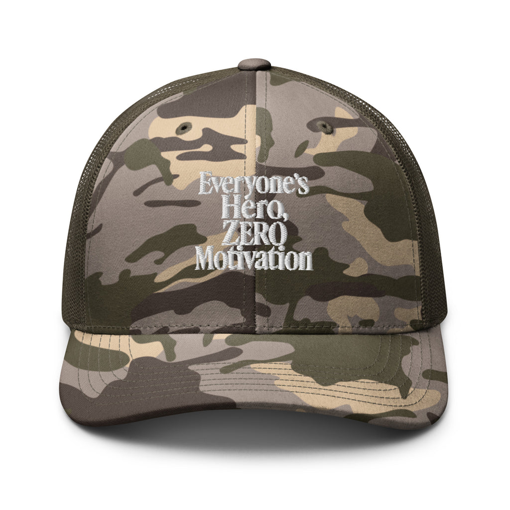 Everyone's Hero, Zero Motivation - Sarcastic Hat in Hat Camo Olive - Front View | Sarcastic Hat | PureSarcasm