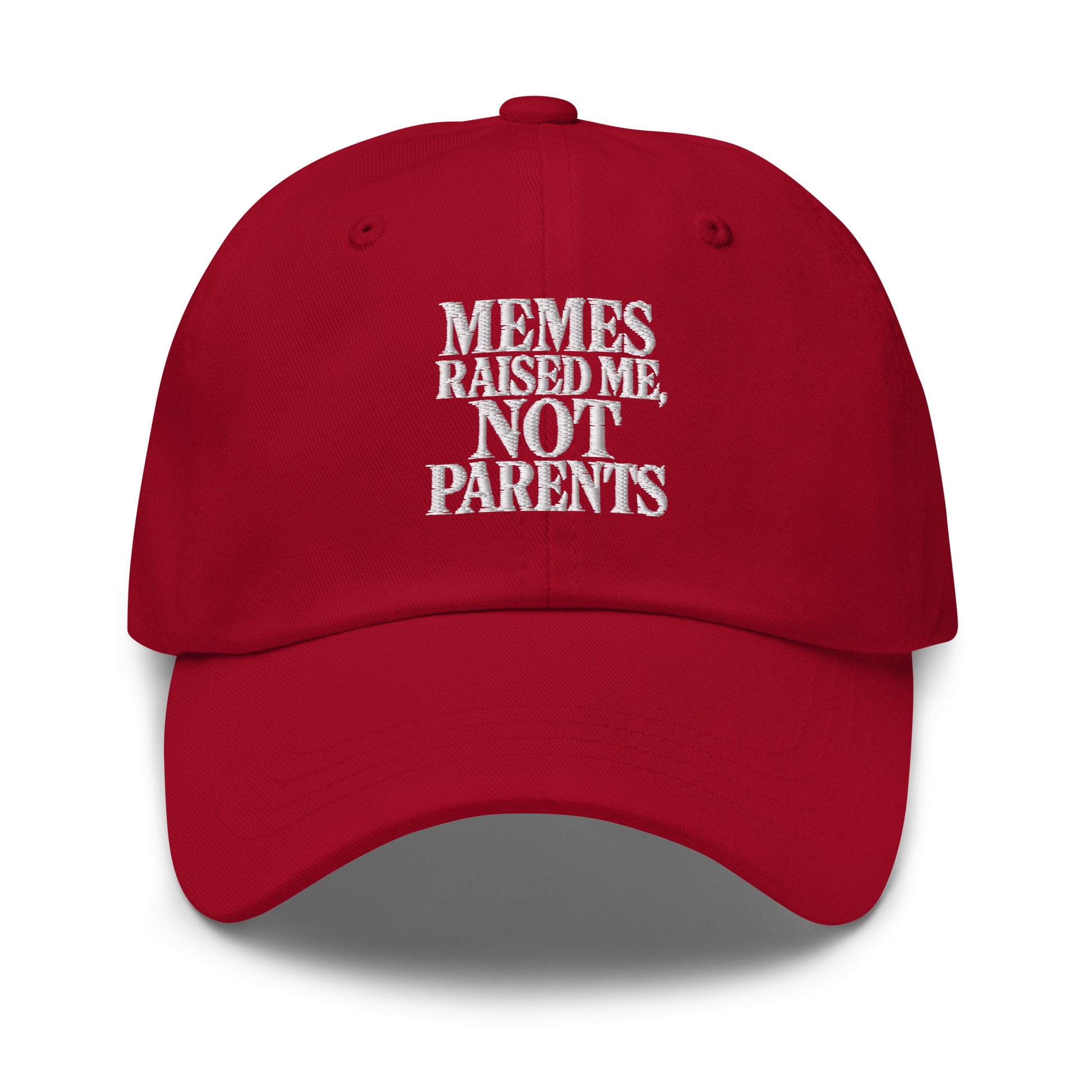 Memes Raised Me, Not Parents - Sarcastic Hat | PureSarcasm in Dad Hat Cranberry - Front View | Sarcastic Hat | PureSarcasm
