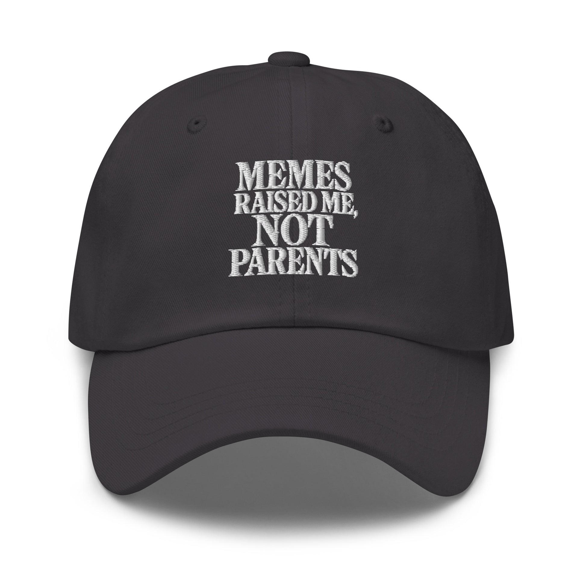 Memes Raised Me, Not Parents - Sarcastic Hat | PureSarcasm in Hat Dark Grey - Front View | Sarcastic Hat | PureSarcasm