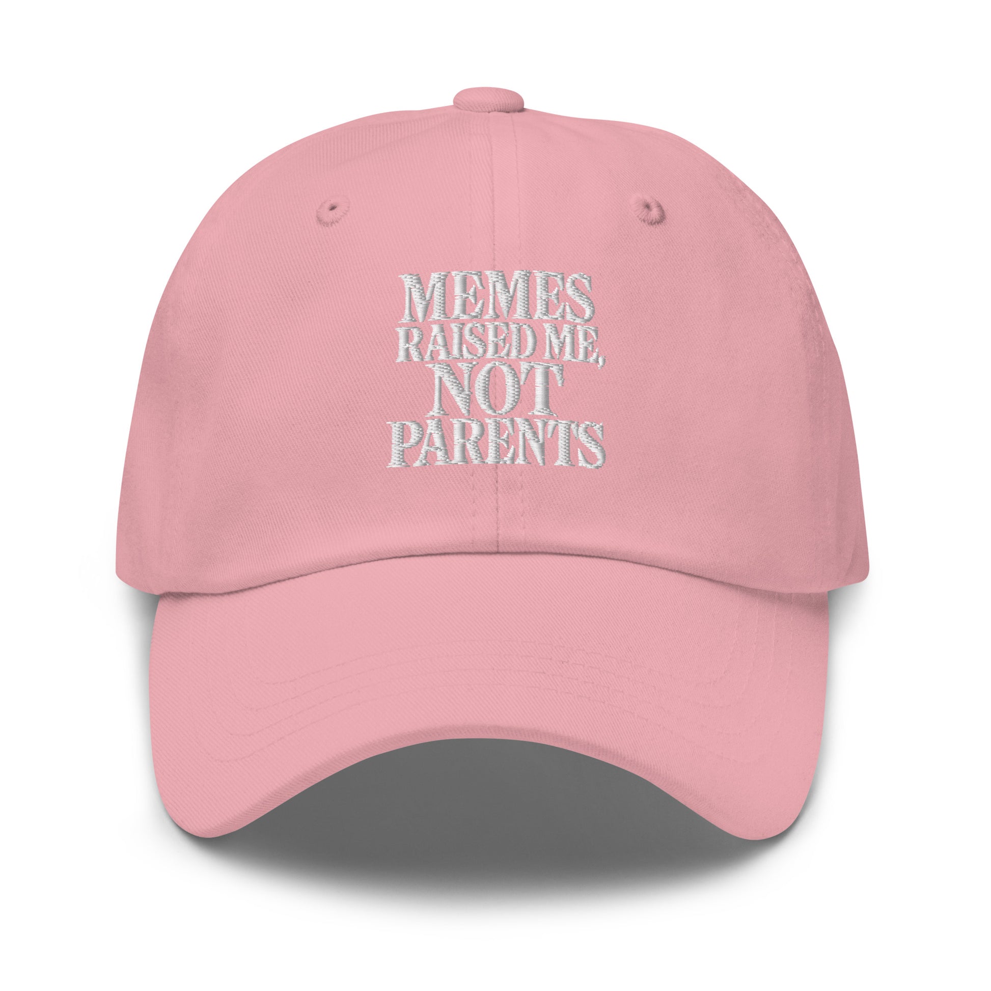 Memes Raised Me, Not Parents - Sarcastic Hat | PureSarcasm in Dad Hat Pink - Front View | Sarcastic Hat | PureSarcasm