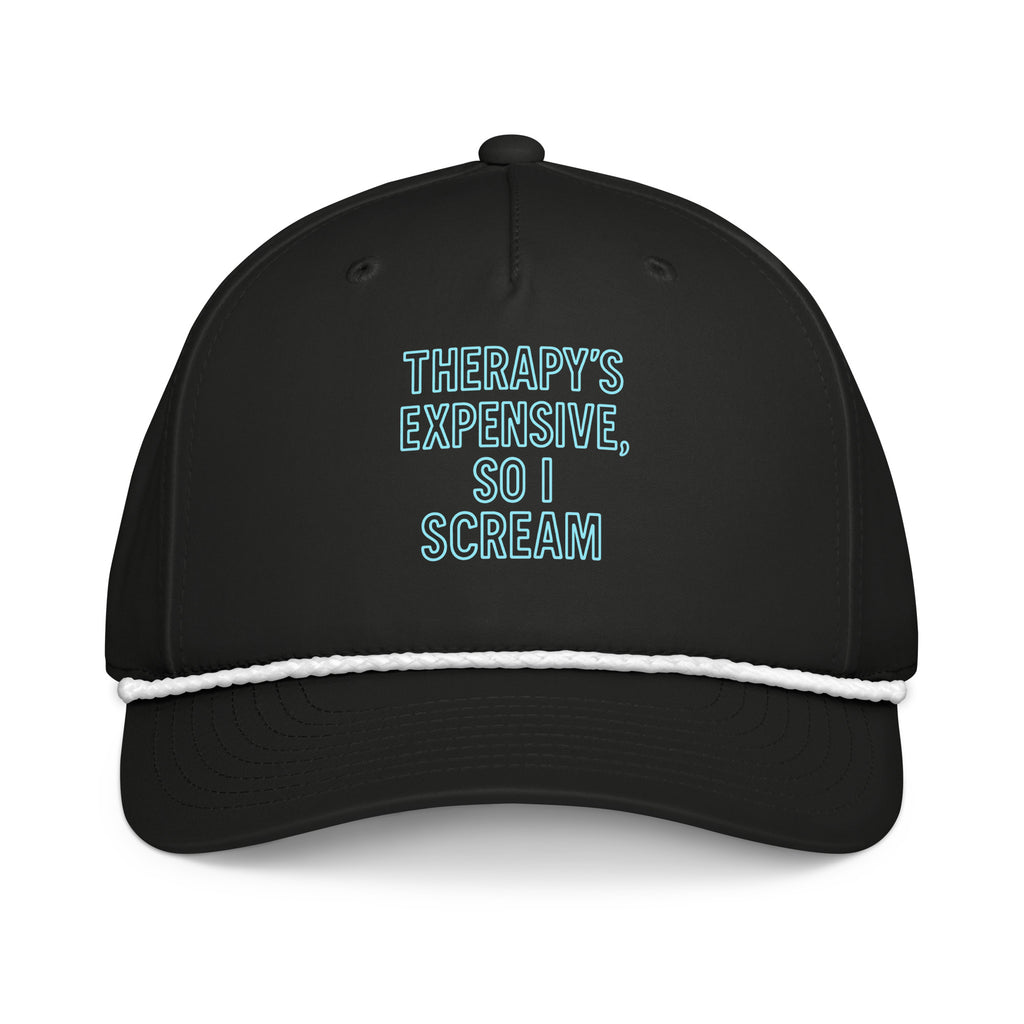Therapy’s Expensive, So I Scream - Sarcastic Hat | PureSarcasm in Cap Black White - Front View | Sarcastic Hat | PureSarcasm