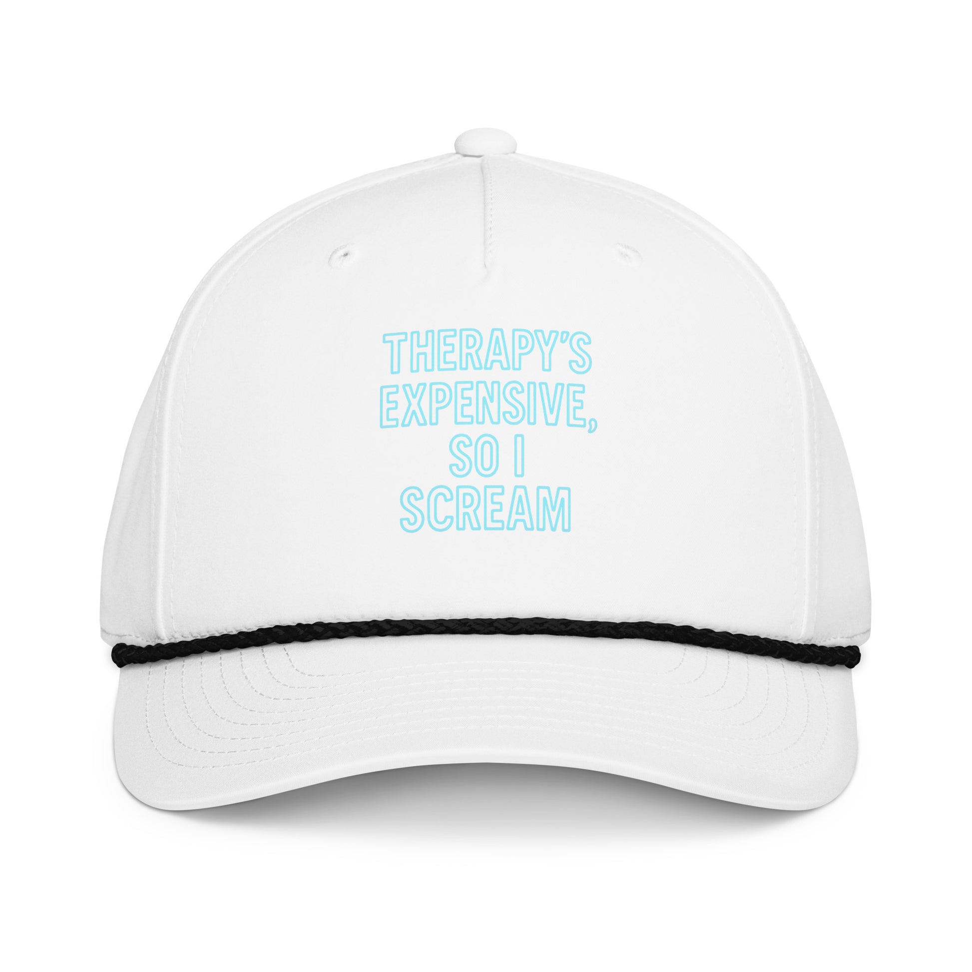 Therapy’s Expensive, So I Scream - Sarcastic Hat | PureSarcasm in Cap White Black - Front View | Sarcastic Hat | PureSarcasm
