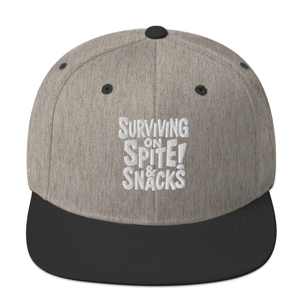 Surviving on Spite & Snacks sarcastic hat - snapback heather black, front view