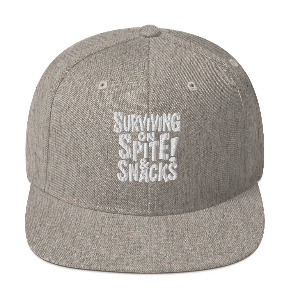 Surviving on Spite & Snacks - Sarcastic Hat in Snapback Heather Grey - Front View | Sarcastic Hat | PureSarcasm