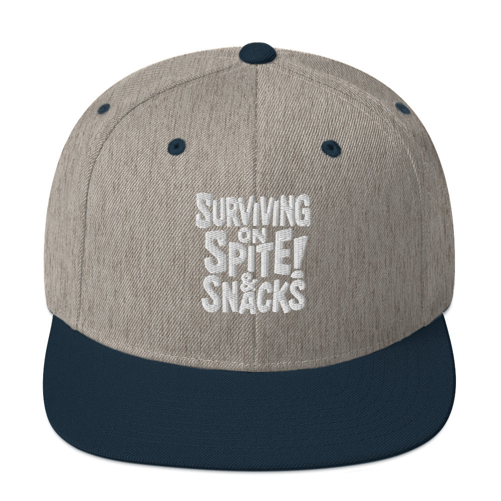 Surviving on Spite & Snacks sarcastic hat - heather grey navy, front view