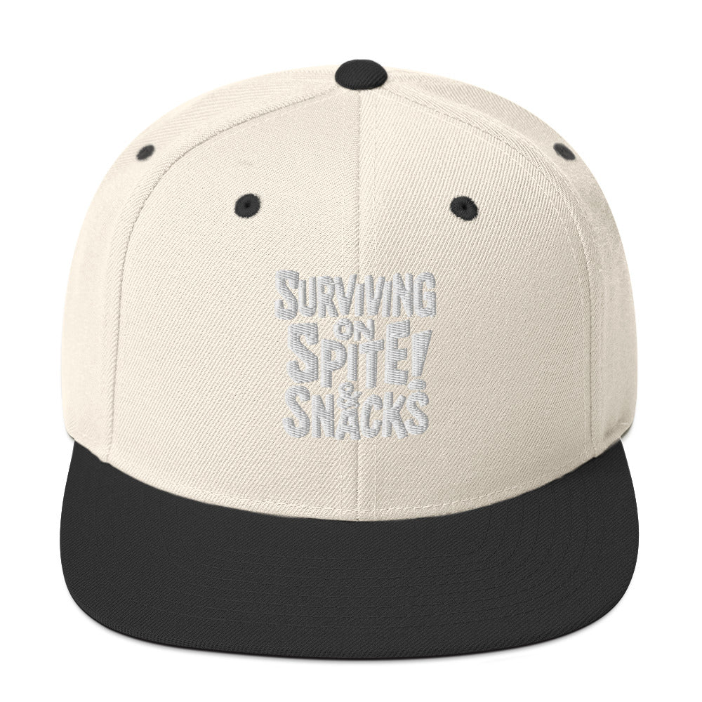 Surviving on Spite & Snacks - Sarcastic Hat in Snapback Natural Black - Front View | Sarcastic Hat | PureSarcasm