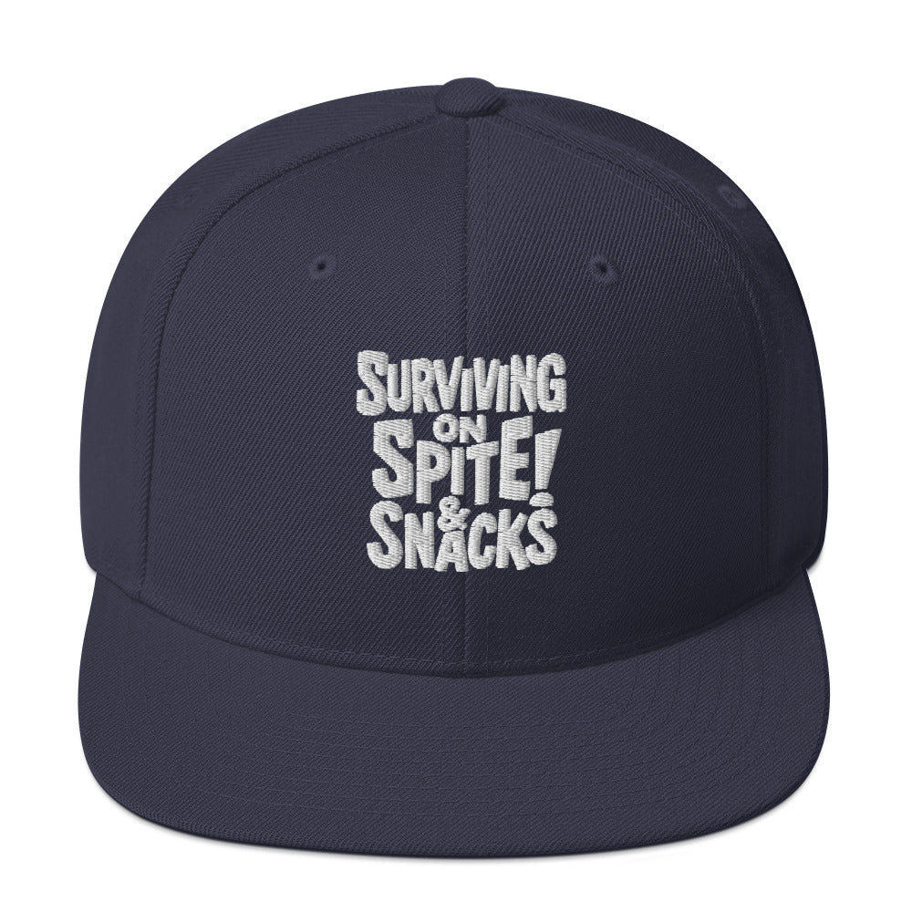 Surviving on Spite & Snacks - Sarcastic Hat in Snapback Navy - Front View | Sarcastic Hat | PureSarcasm