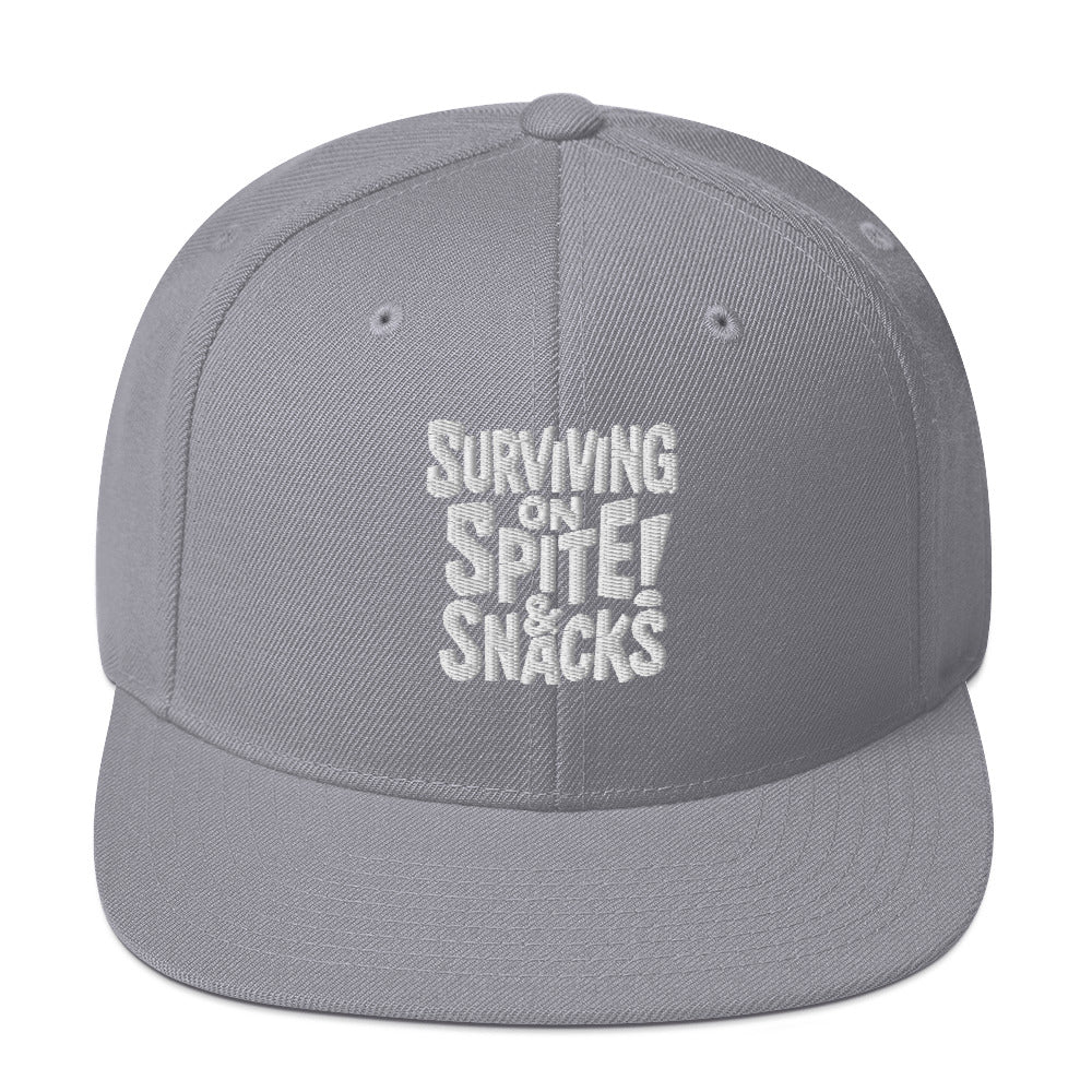 Surviving on Spite & Snacks sarcastic hat - snapback silver, front view