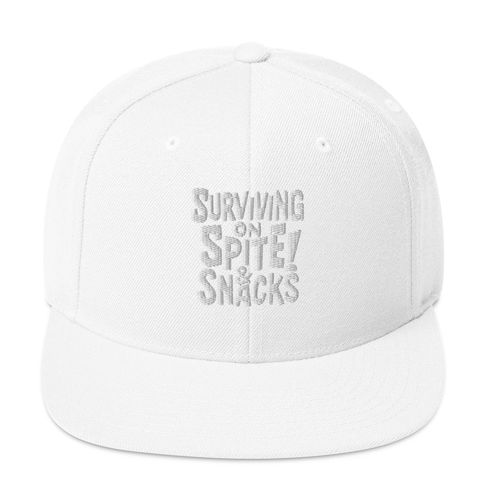 Surviving on Spite & Snacks - Sarcastic Hat in Snapback White - Front View | Sarcastic Hat | PureSarcasm
