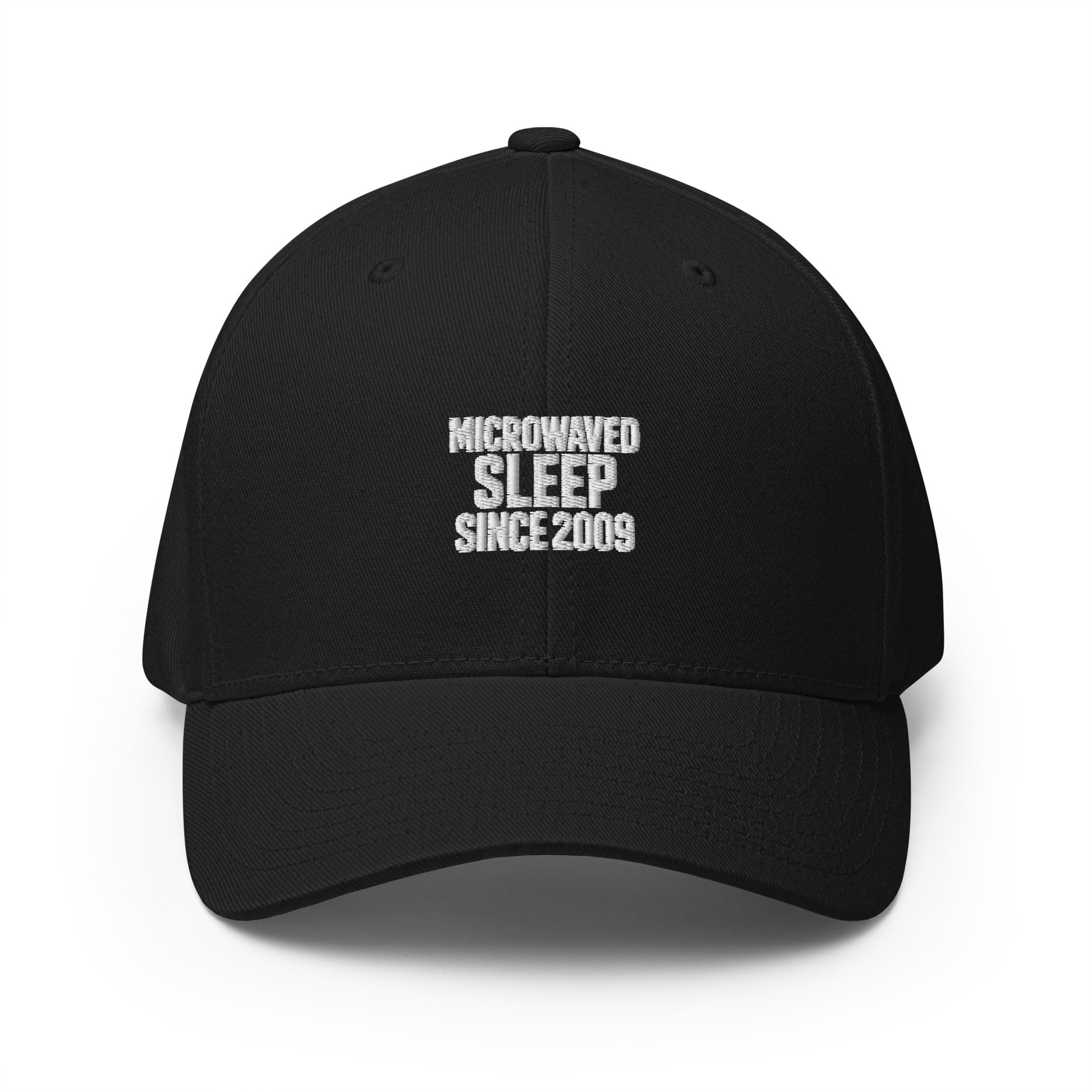 Microwaved Sleep Since 2009 - Sarcastic Hat | PureSarcasm in Structured Cap Black - Front View | Sarcastic Hat | PureSarcasm