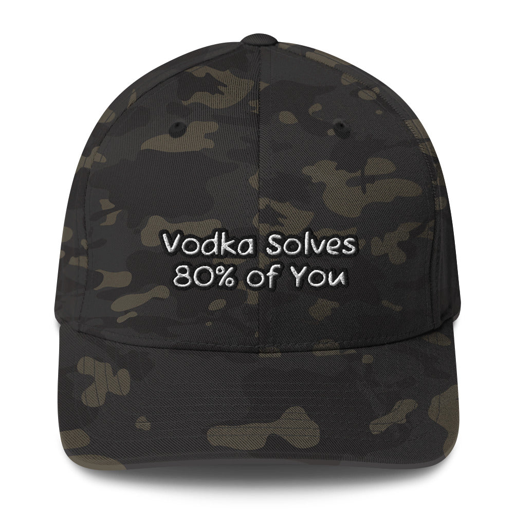 Vodka Solves 80% of You - Sarcastic Hat in Cap Multicam Black - Front View | Sarcastic Hat | PureSarcasm