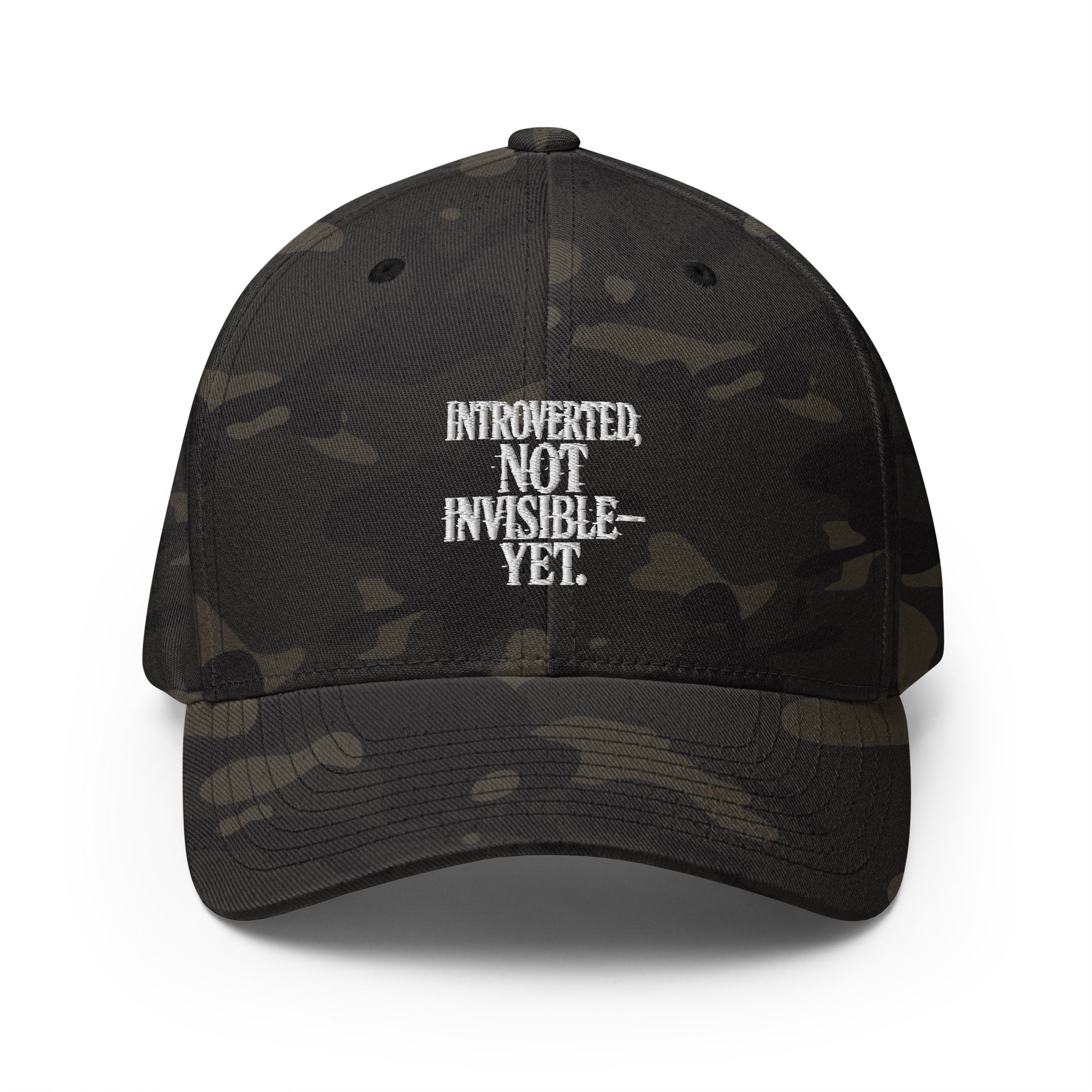 Introverted, Not Invisible — Yet. - Sarcastic Hat | PureSarcasm in Cap Multicam Black - Front View | Sarcastic Hat | PureSarcasm