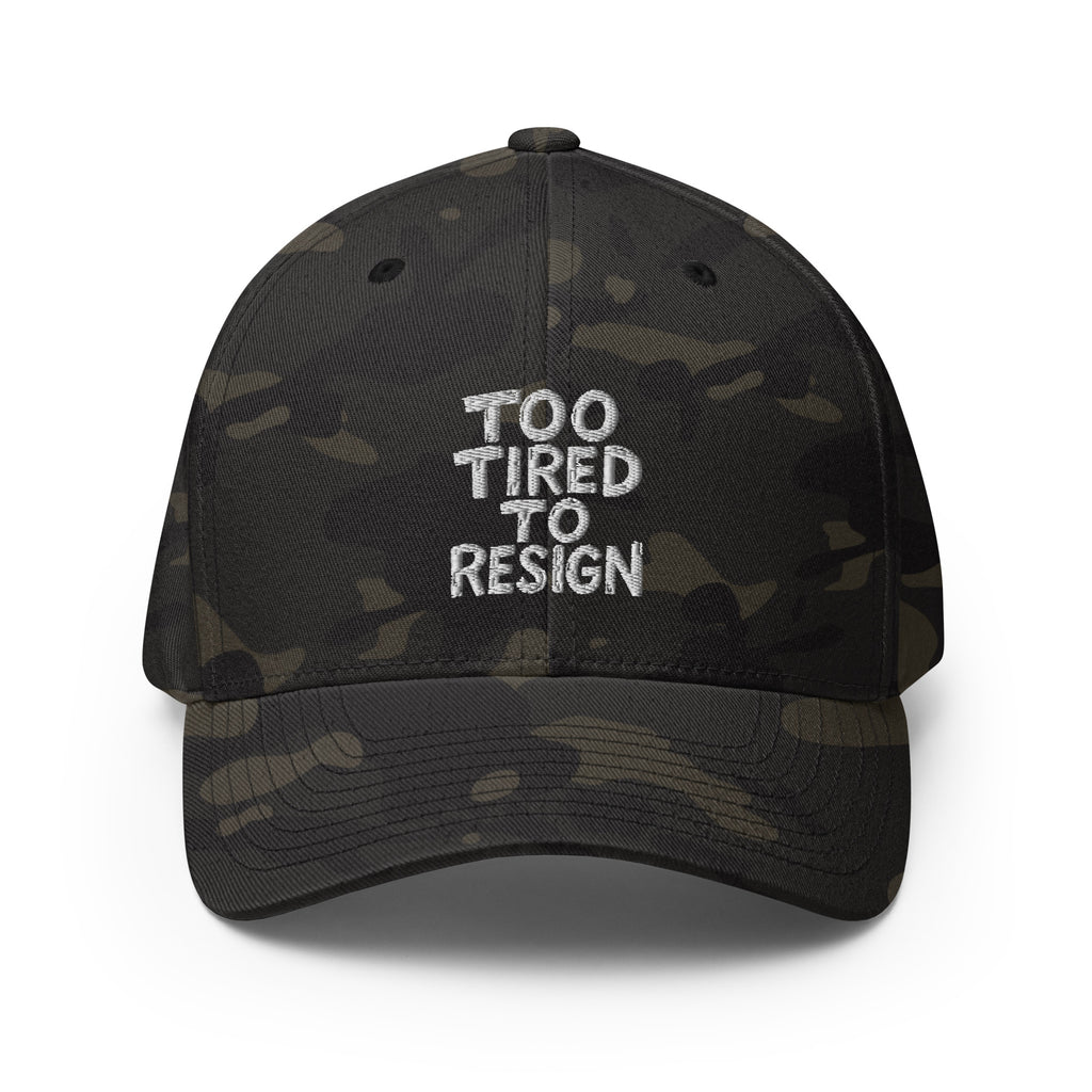 Too Tired To Resign - Sarcastic Hat in Cap Multicam Black - Front View | Sarcastic Hat | PureSarcasm