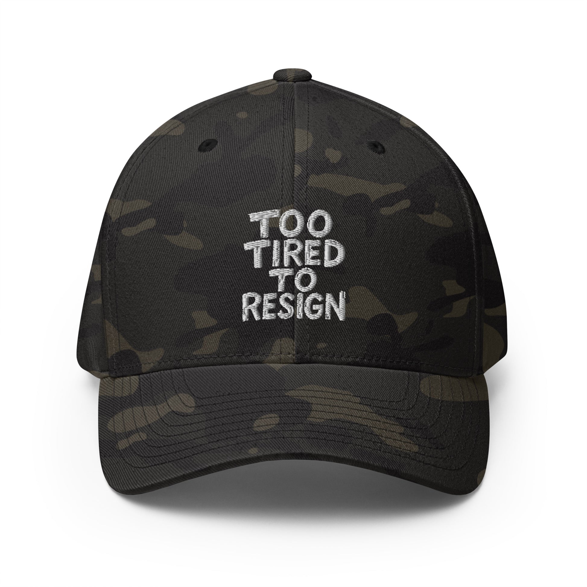 Too Tired To Resign - Sarcastic Hat in Cap Multicam Black - Front View | Sarcastic Hat | PureSarcasm