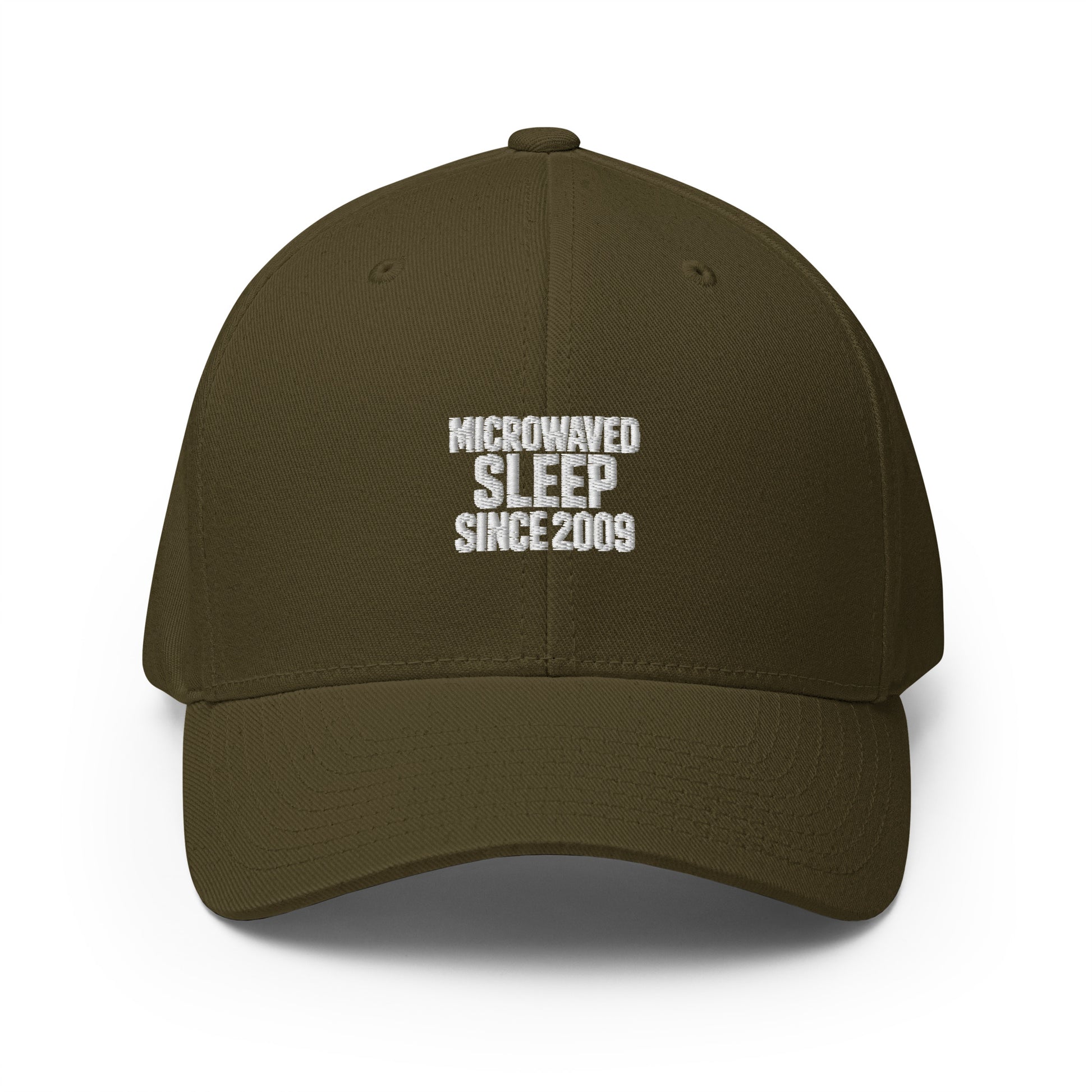 Microwaved Sleep Since 2009 - Sarcastic Hat | PureSarcasm in Structured Cap Olive - Front View | Sarcastic Hat | PureSarcasm