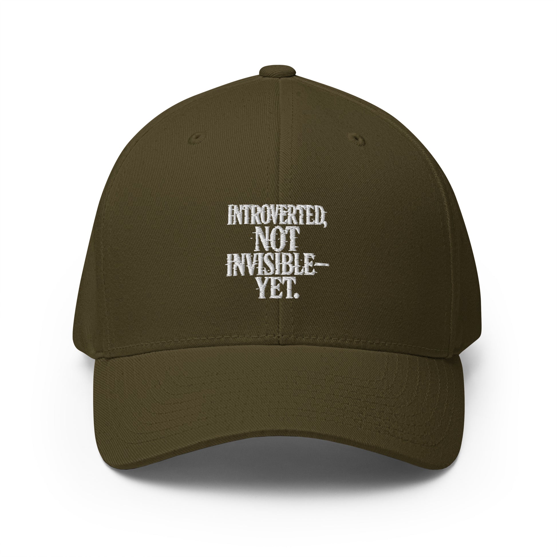 Introverted, Not Invisible — Yet. - Sarcastic Hat | PureSarcasm in Structured Cap Olive - Front View | Sarcastic Hat | PureSarcasm
