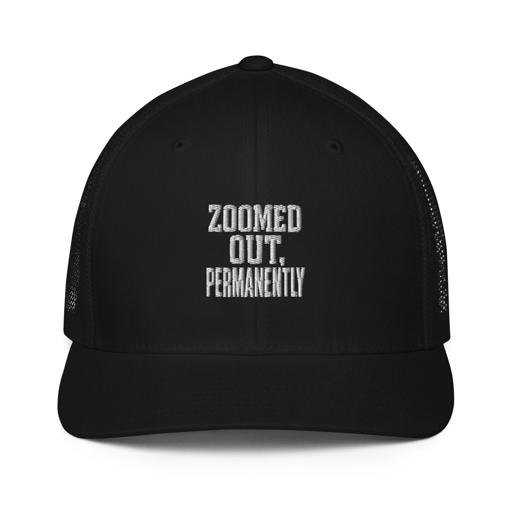 Zoomed Out, Permanently - Sarcastic Hat | PureSarcasm in Trucker Cap Black - Front View | Sarcastic Hat | PureSarcasm