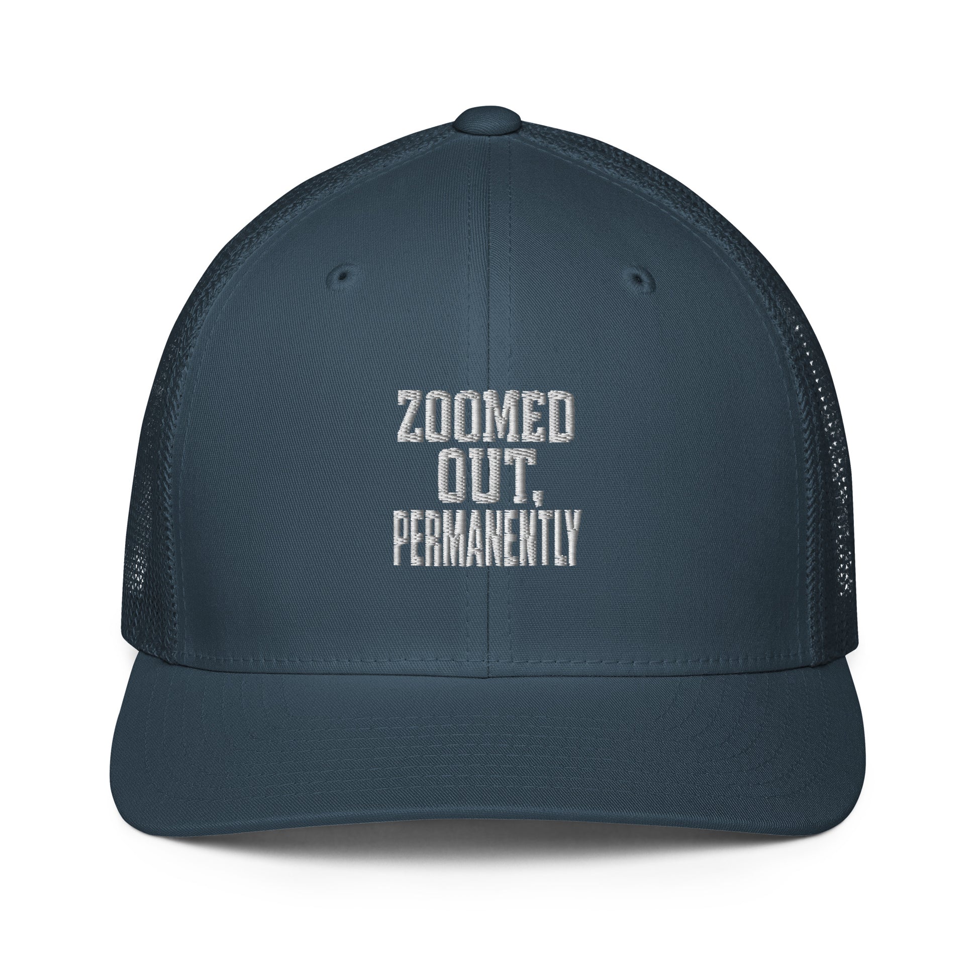 Zoomed Out, Permanently - Sarcastic Hat | PureSarcasm in Trucker Cap Navy - Front View | Sarcastic Hat | PureSarcasm