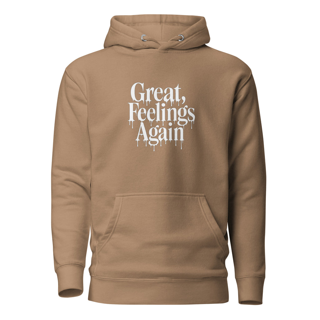 Great, Feelings Again - Sarcastic Hoodie | PureSarcasm in Pullover Hoodie Latte - Front View | Sarcastic Hoodie | PureSarcasm