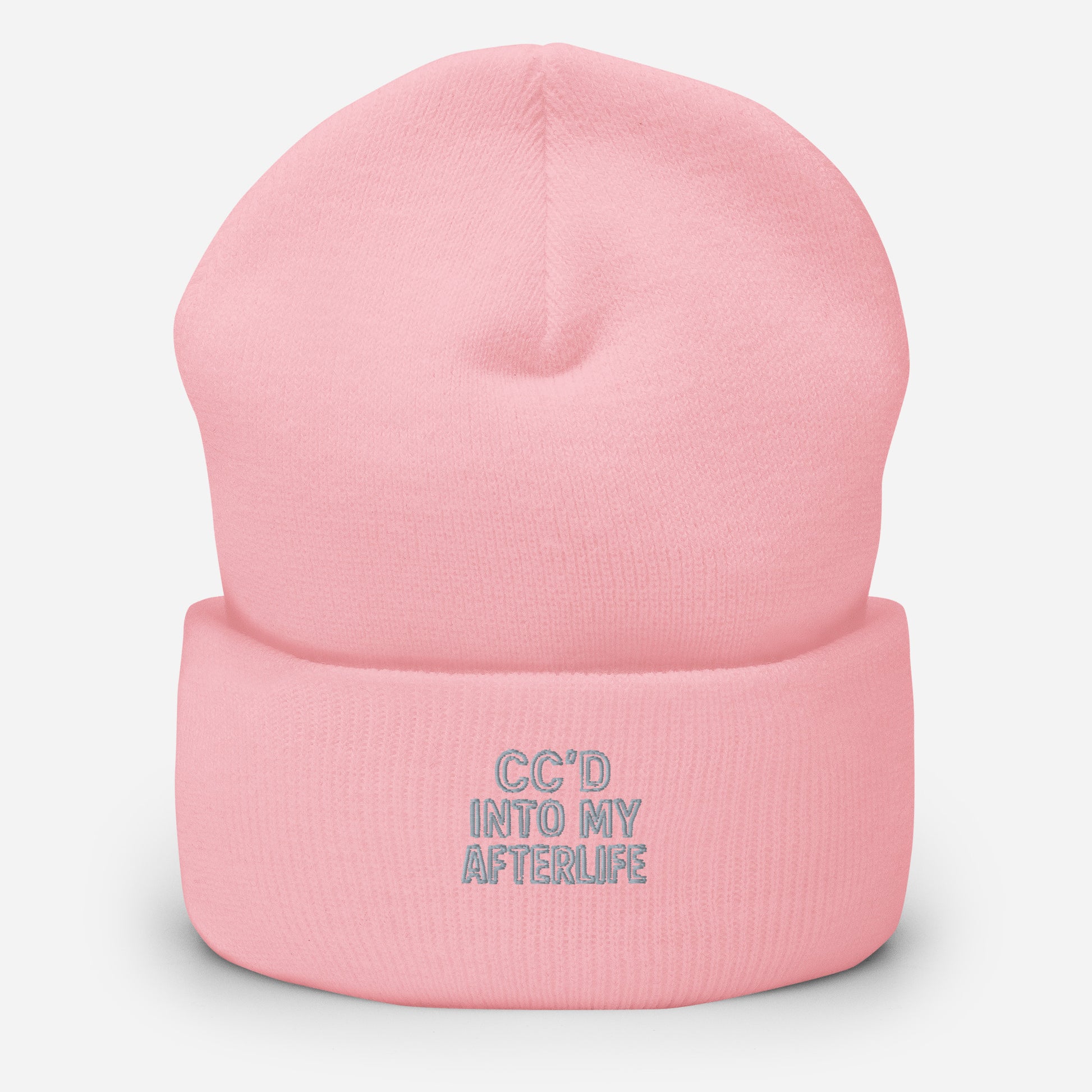 CC’d Into My Afterlife - Sarcastic Beanie | PureSarcasm in Beanie Baby Pink - Front View | Sarcastic Beanie | PureSarcasm
