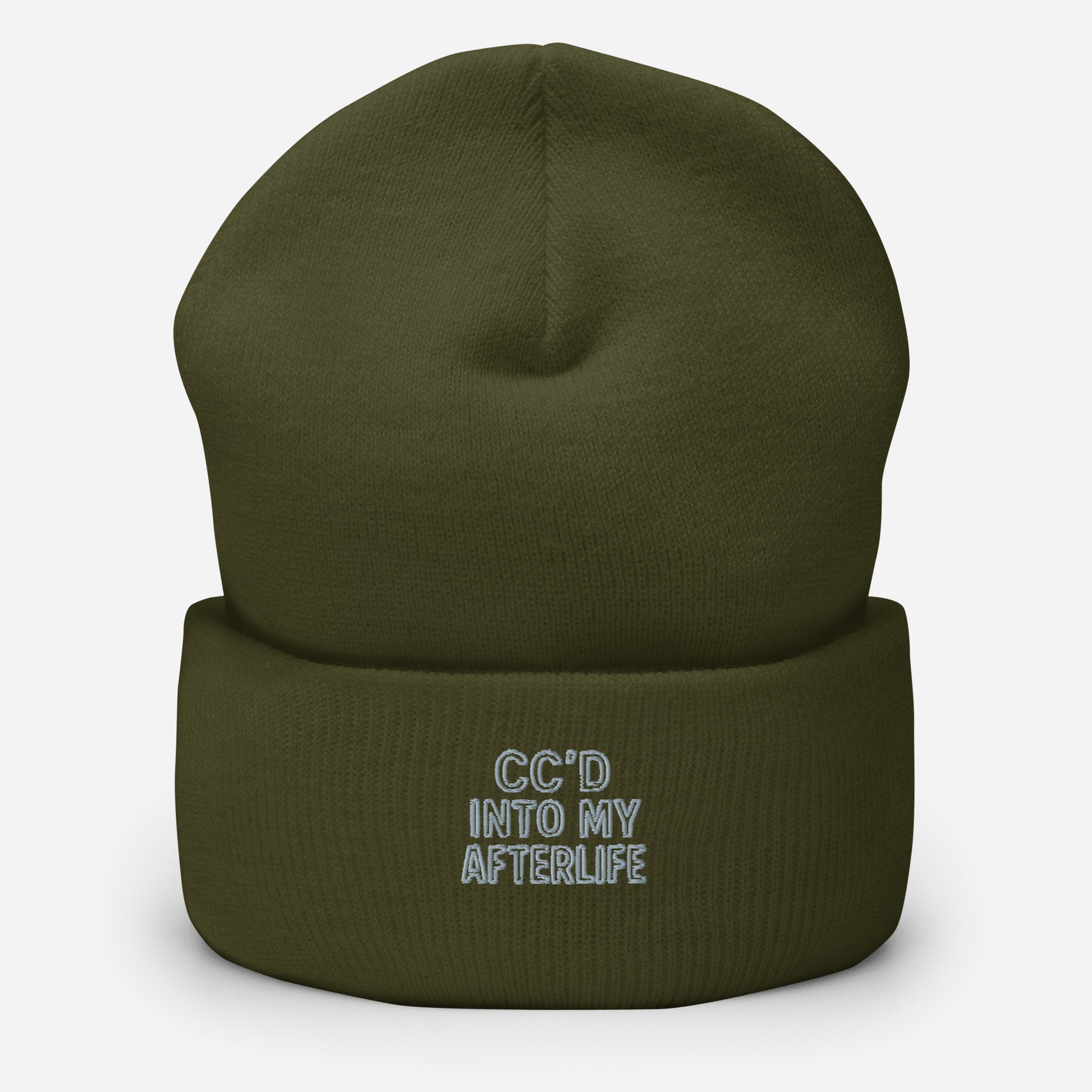 CC’d Into My Afterlife - Sarcastic Beanie | PureSarcasm in Beanie Olive - Front View | Sarcastic Beanie | PureSarcasm