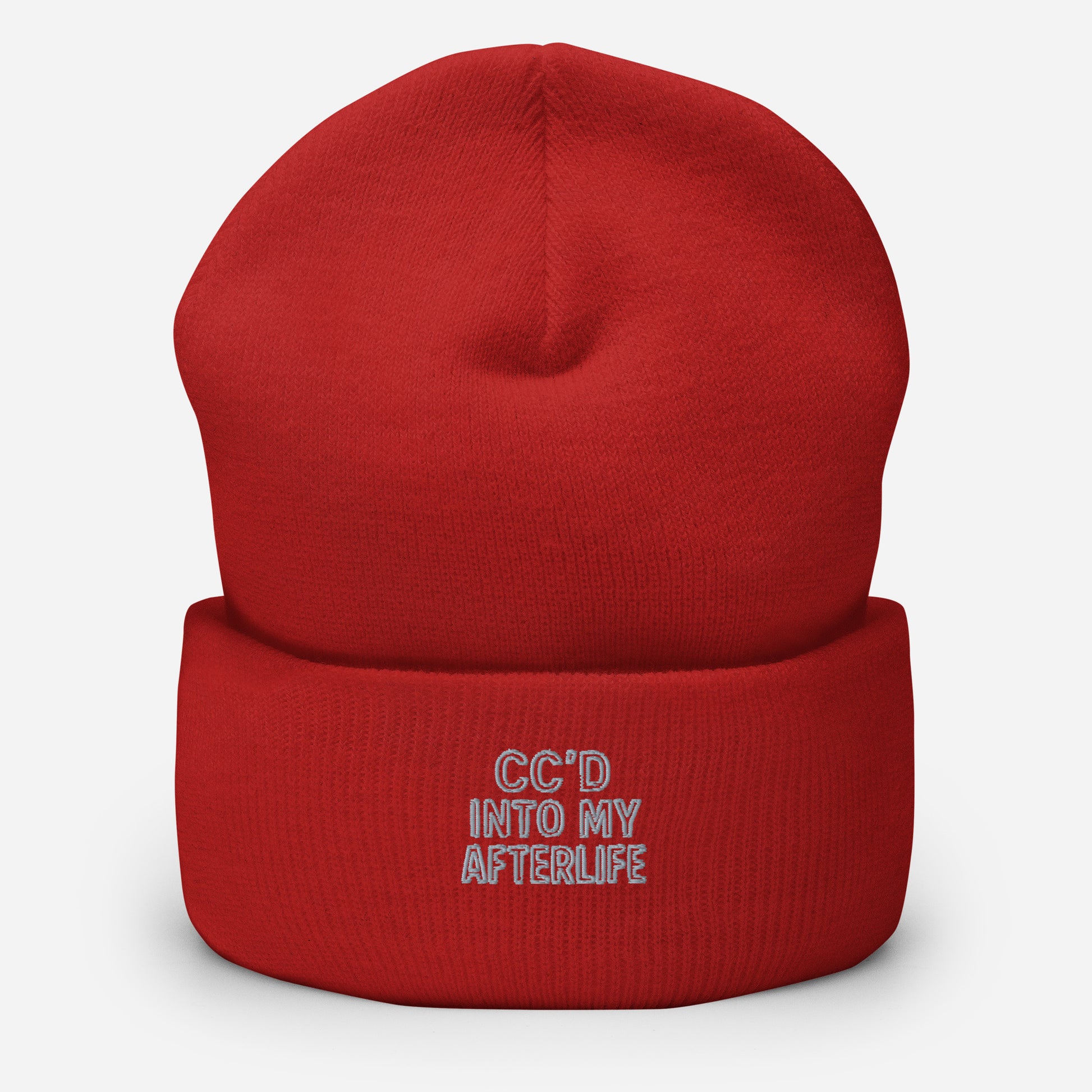 CC’d Into My Afterlife - Sarcastic Beanie | PureSarcasm in Beanie Red - Front View | Sarcastic Beanie | PureSarcasm