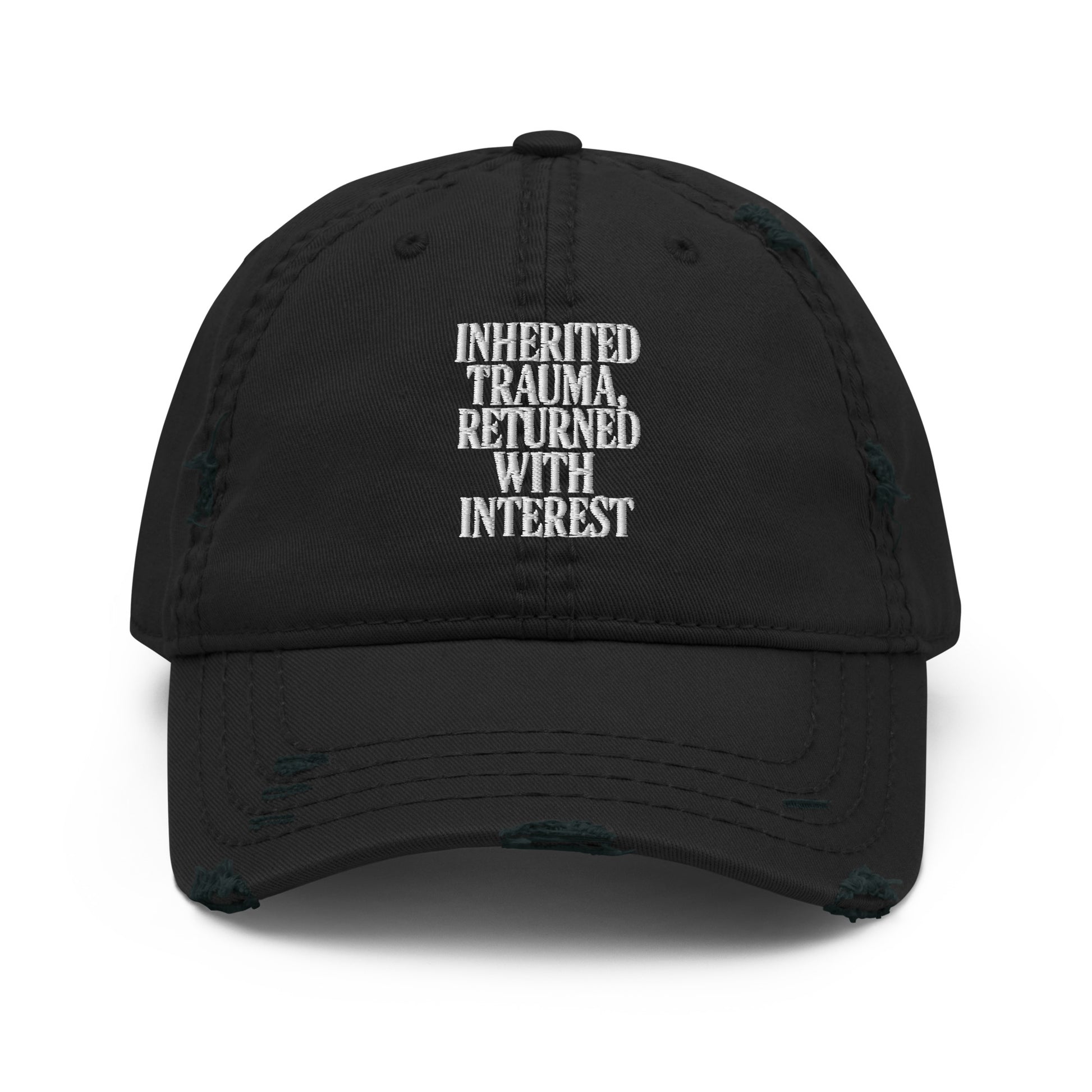 Inherited Trauma, Returned With Interest - Sarcastic Hat | PureSarcasm in Dad Hat Black - Front View | Sarcastic Hat | PureSarcasm
