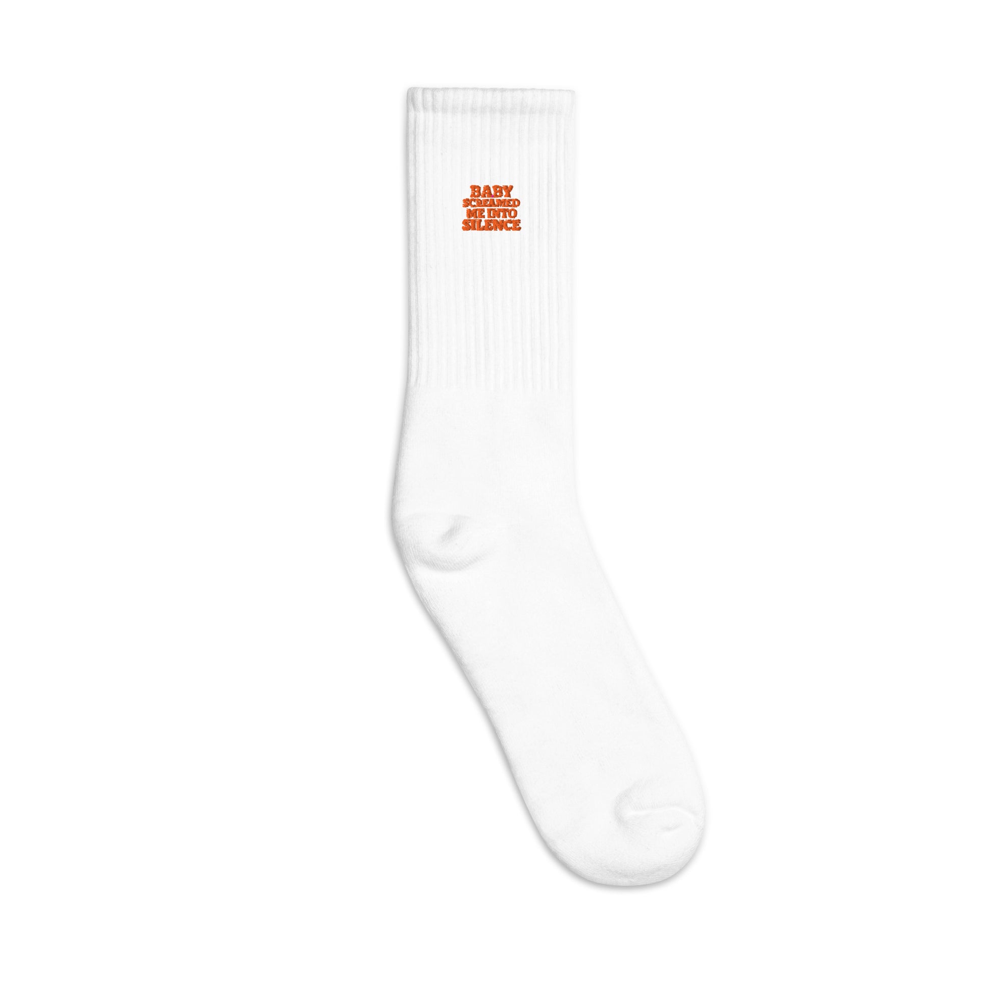 Baby Screamed Me Into Silence - Sarcastic Socks | PureSarcasm in Crew Socks White - Outside View | Sarcastic Sock | PureSarcasm