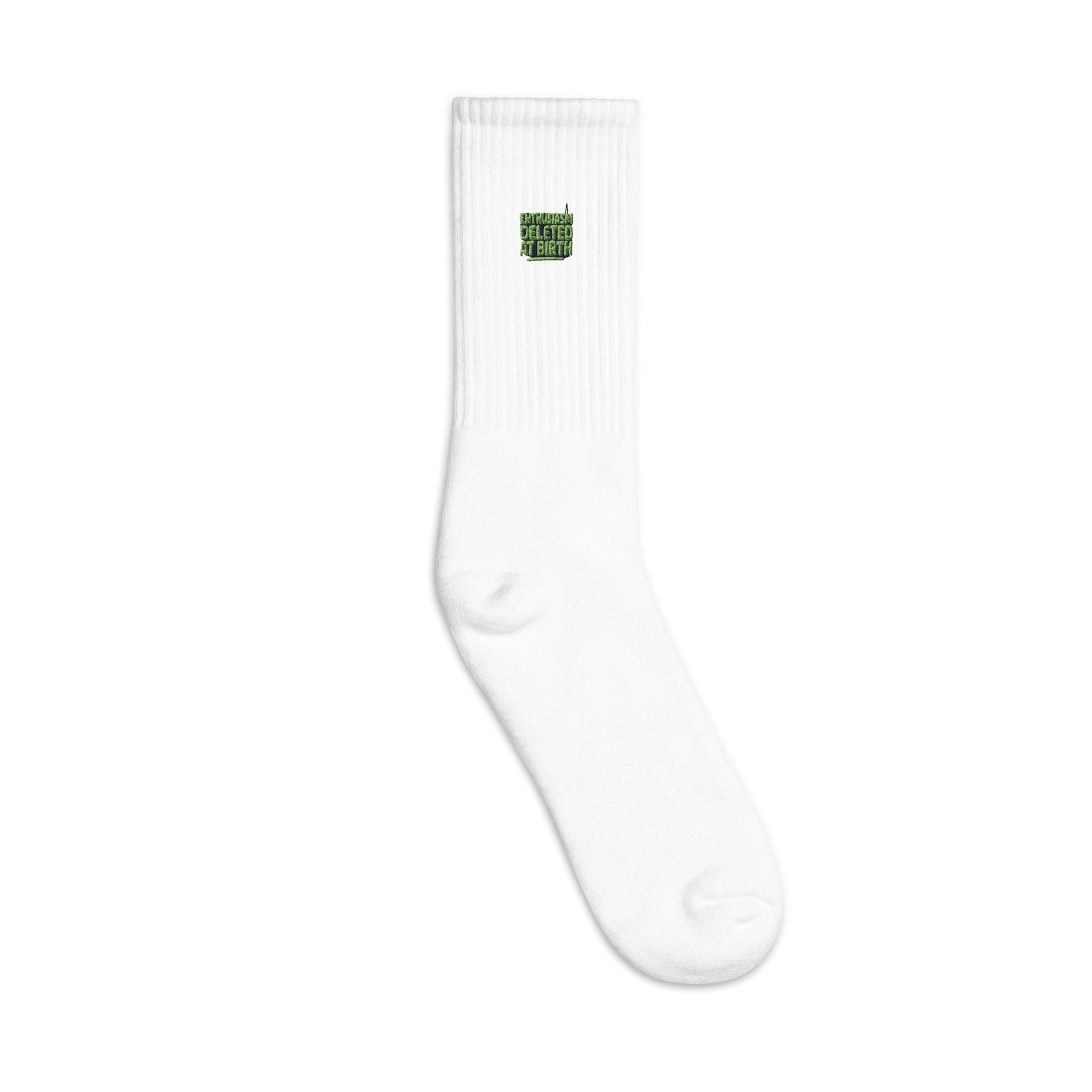 Enthusiasm Deleted at Birth - Sarcastic Socks in Crew Socks White - Outside View | Sarcastic Sock | PureSarcasm