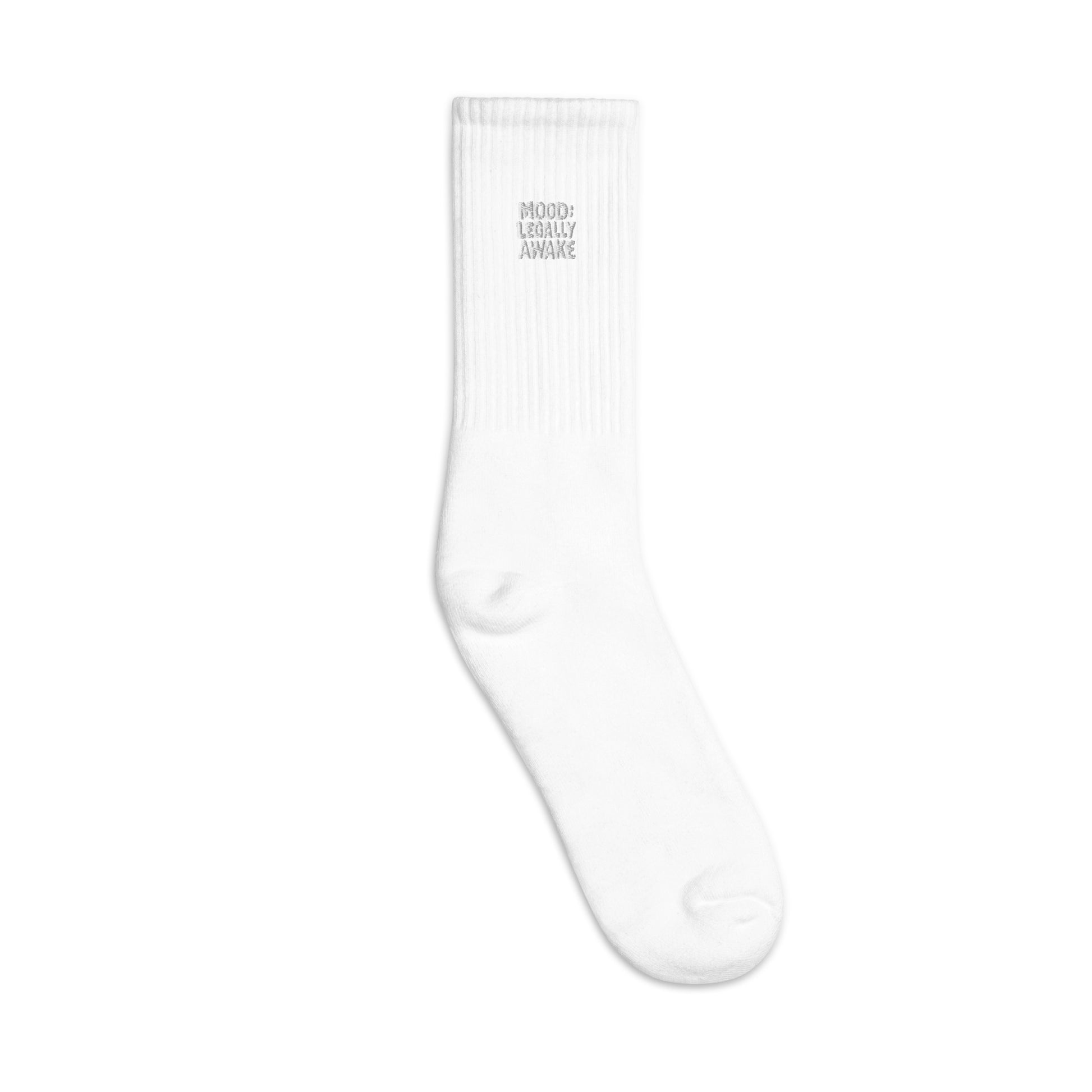 Mood: Legally Awake - Sarcastic Socks in Crew Socks White - Outside View | Sarcastic Sock | PureSarcasm