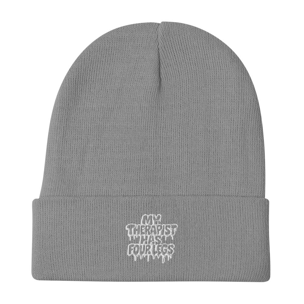 My Therapist Has Four Legs - Sarcastic Beanie | PureSarcasm in Beanie Gray - Front View | Sarcastic Beanie | PureSarcasm