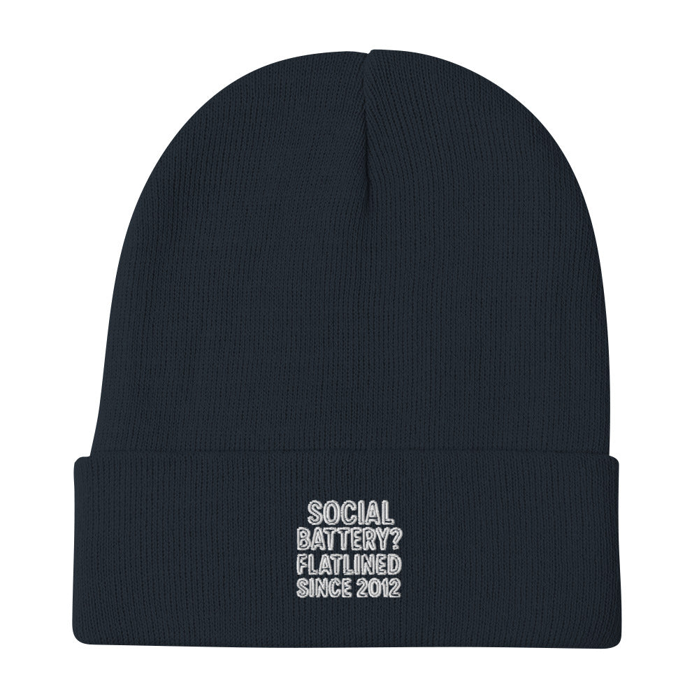 Social Battery? Flatlined Since 2012 - Sarcastic Beanie | PureSarcasm in Beanie Navy - Front View | Sarcastic Beanie | PureSarcasm