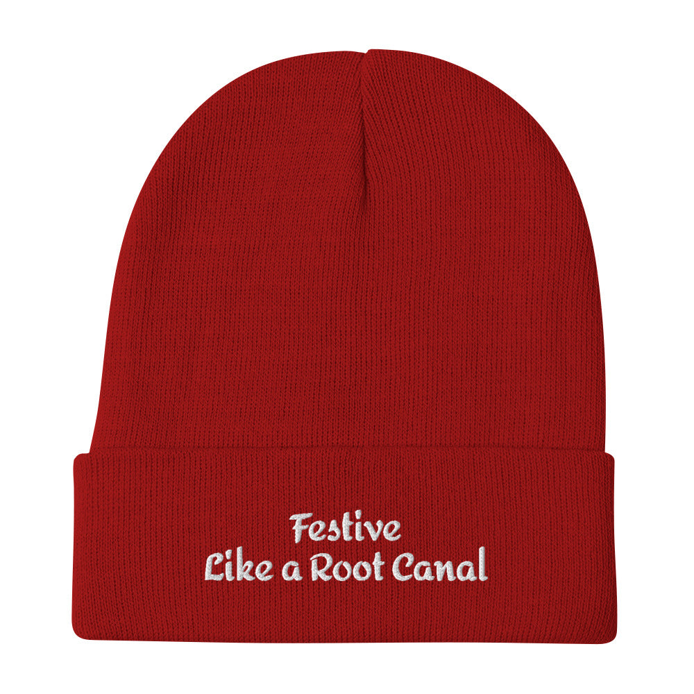 Festive Like a Root Canal - Sarcastic Beanie | PureSarcasm in Beanie Red - Front View | Sarcastic Beanie | PureSarcasm