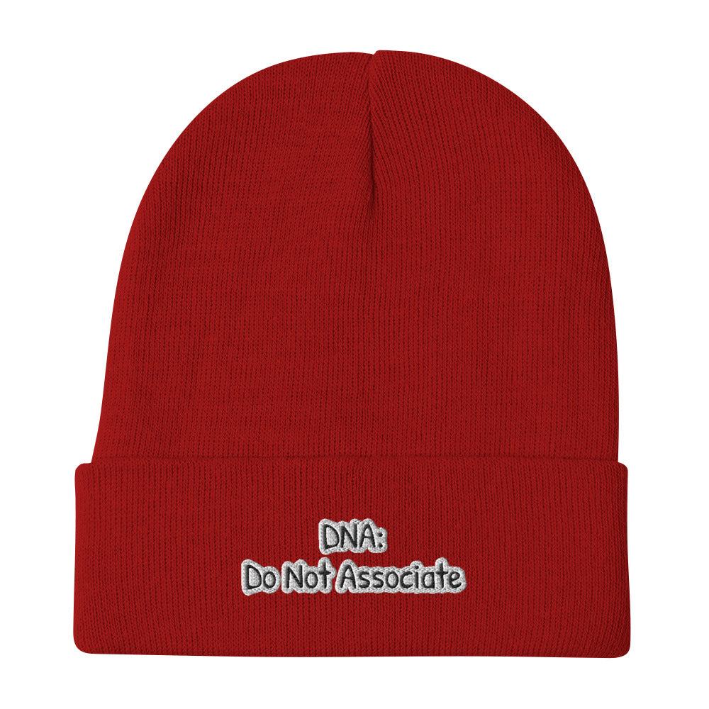 DNA: Do Not Associate - Sarcastic Beanie | PureSarcasm in Beanie Red - Front View | Sarcastic Beanie | PureSarcasm