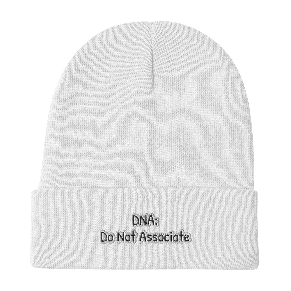 DNA: Do Not Associate - Sarcastic Beanie | PureSarcasm in Beanie White - Front View | Sarcastic Beanie | PureSarcasm
