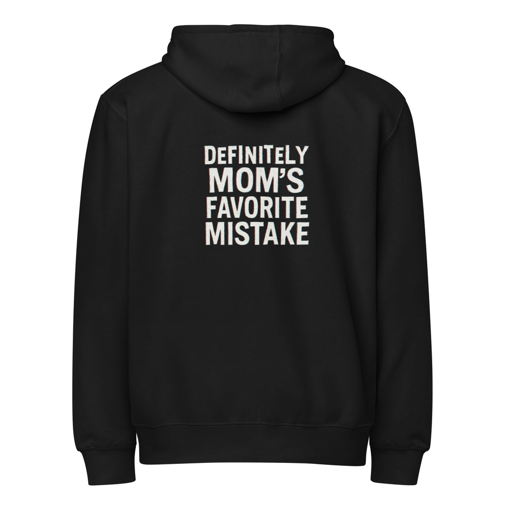 Definitely Mom’s Favorite Mistake - Sarcastic Hoodie | PureSarcasm in Zip Hoodie Black - Back View | Sarcastic Hoodie | PureSarcasm