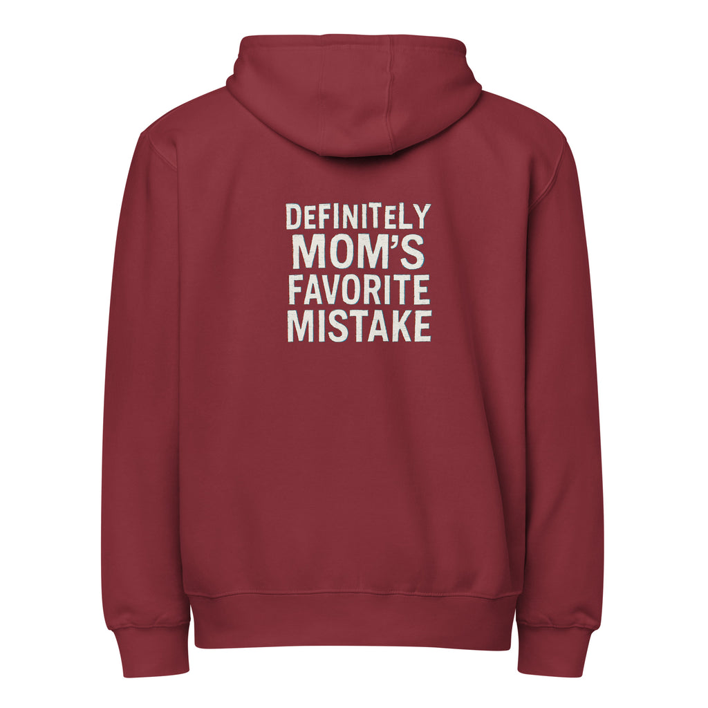 Definitely Mom’s Favorite Mistake - Sarcastic Hoodie | PureSarcasm in Zip Hoodie Burgundy - Back View | Sarcastic Hoodie | PureSarcasm