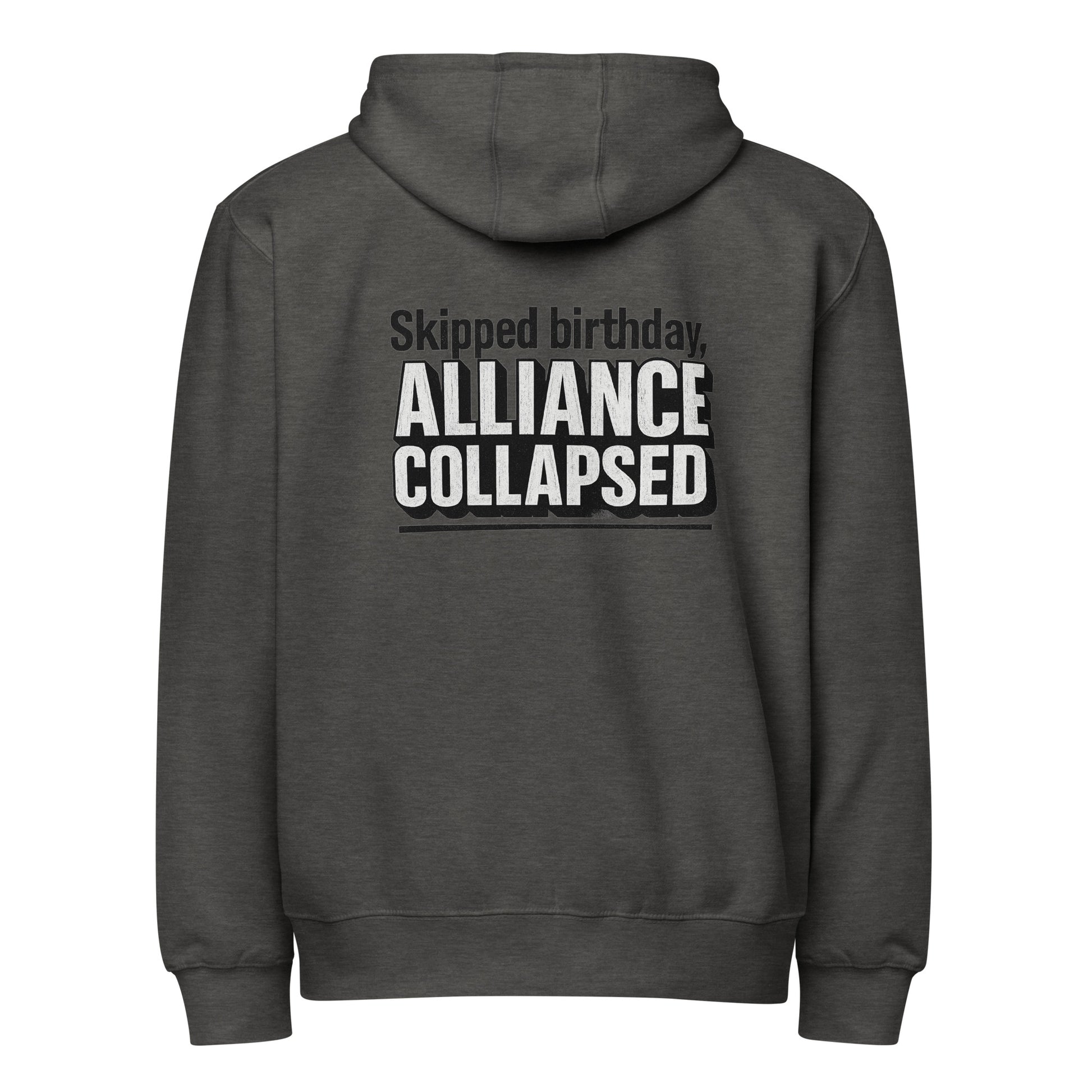 Skipped birthday, alliance collapsed - Sarcastic Hoodie | PureSarcasm in Hoodie Charcoal Heather - Back View | Sarcastic Hoodie | PureSarcasm