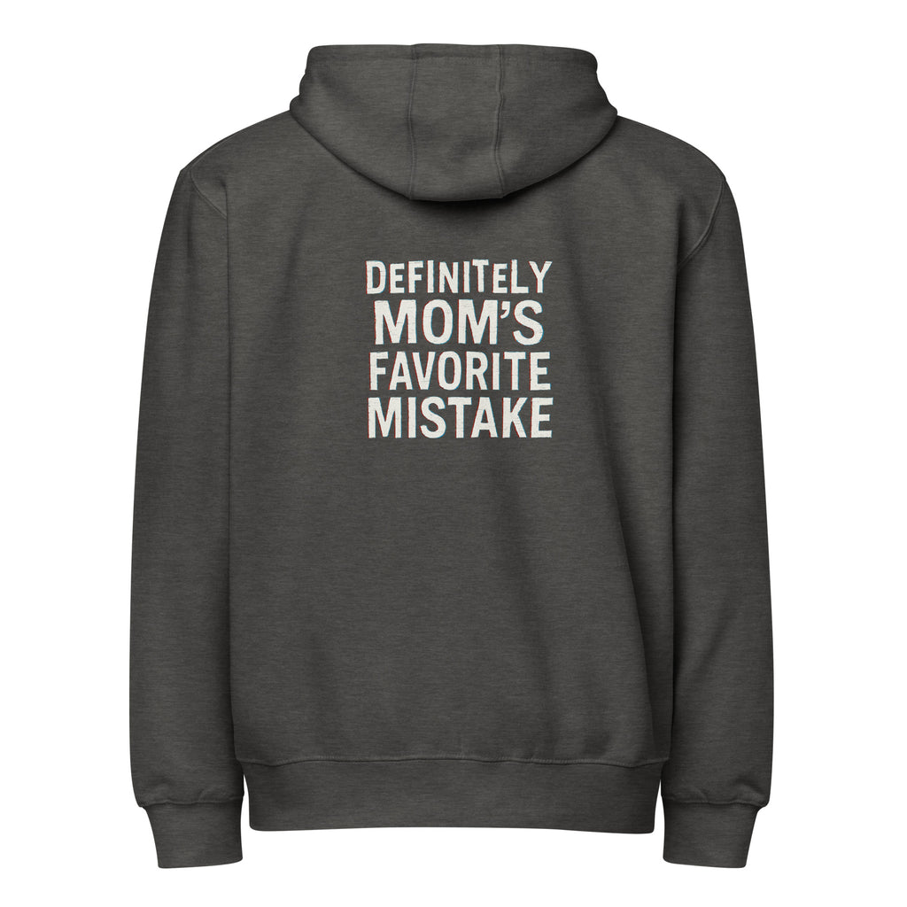 Definitely Mom’s Favorite Mistake - Sarcastic Hoodie | PureSarcasm in Hoodie Charcoal Heather - Back View | Sarcastic Hoodie | PureSarcasm