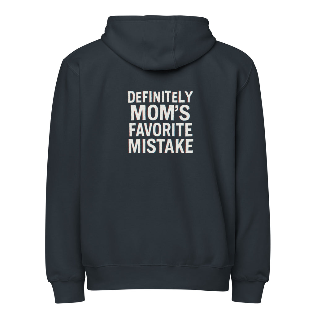Definitely Mom’s Favorite Mistake - Sarcastic Hoodie | PureSarcasm in Zip Hoodie Navy - Back View | Sarcastic Hoodie | PureSarcasm