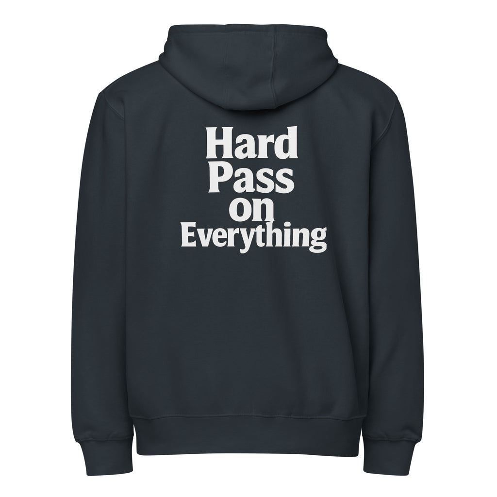 Hard Pass on Everything sarcastic hoodie - zip navy, back view