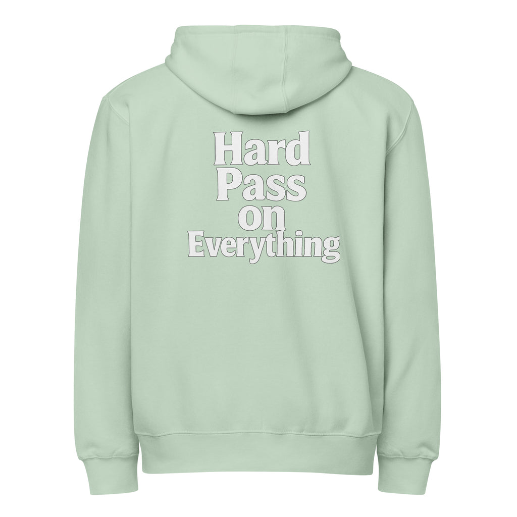 Hard Pass on Everything sarcastic hoodie - zip seafoam, back view